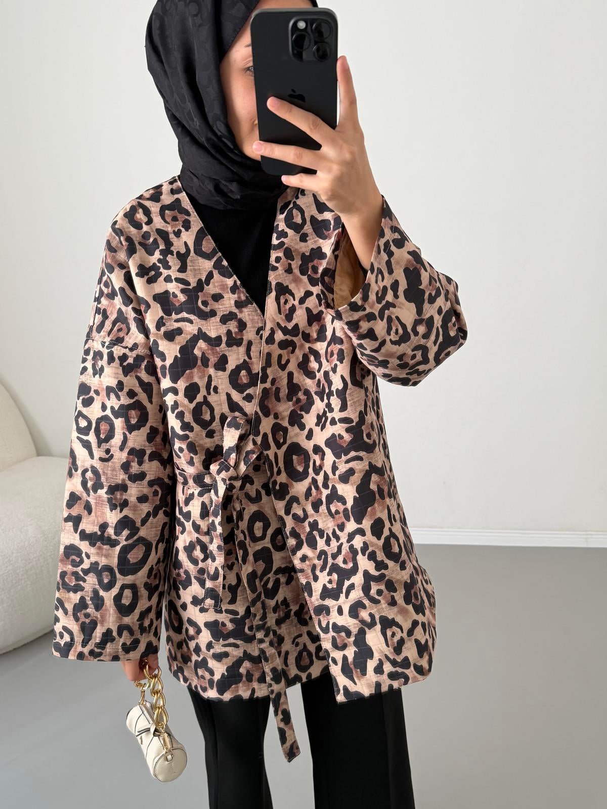Bağlamalı Kapitone Ceket - Leopar
