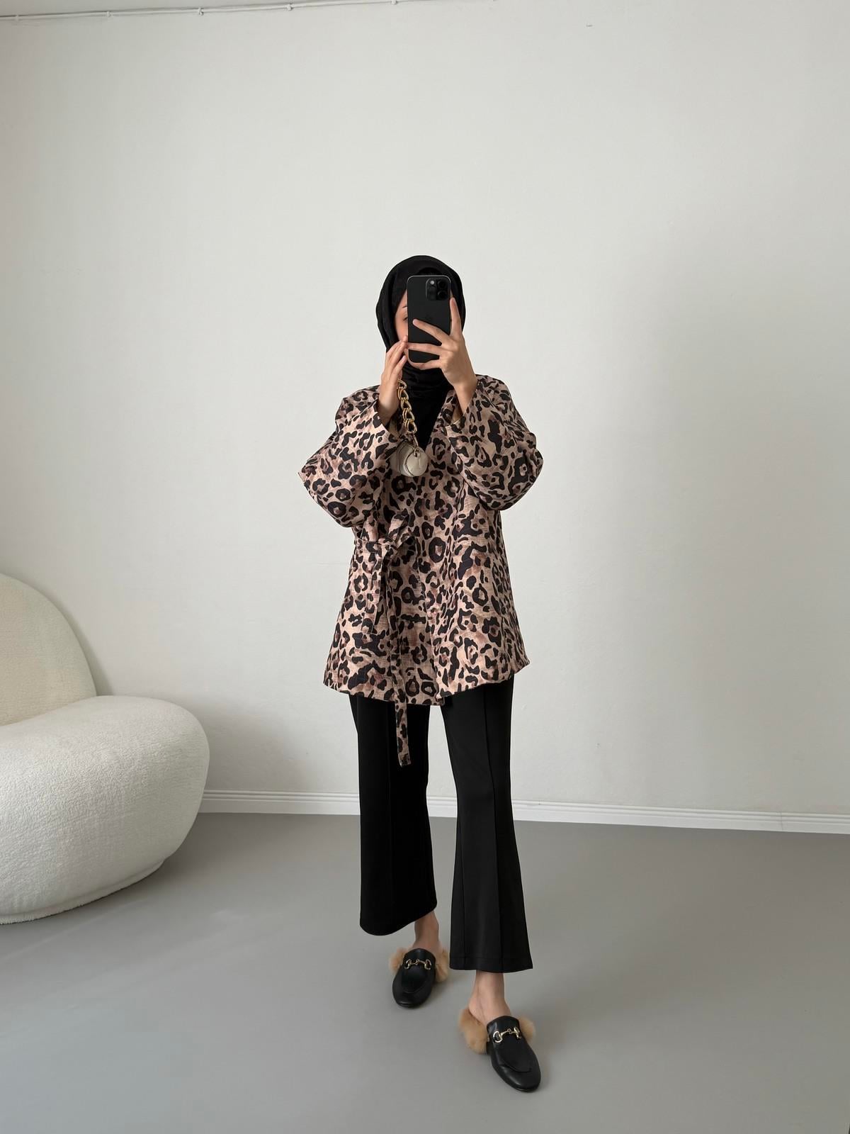 Bağlamalı Kapitone Ceket - Leopar