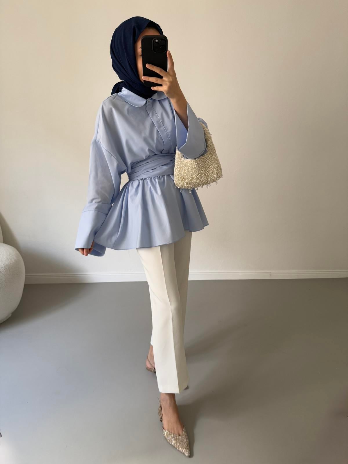 Bağlamalı Poplin Gömlek - Mavi