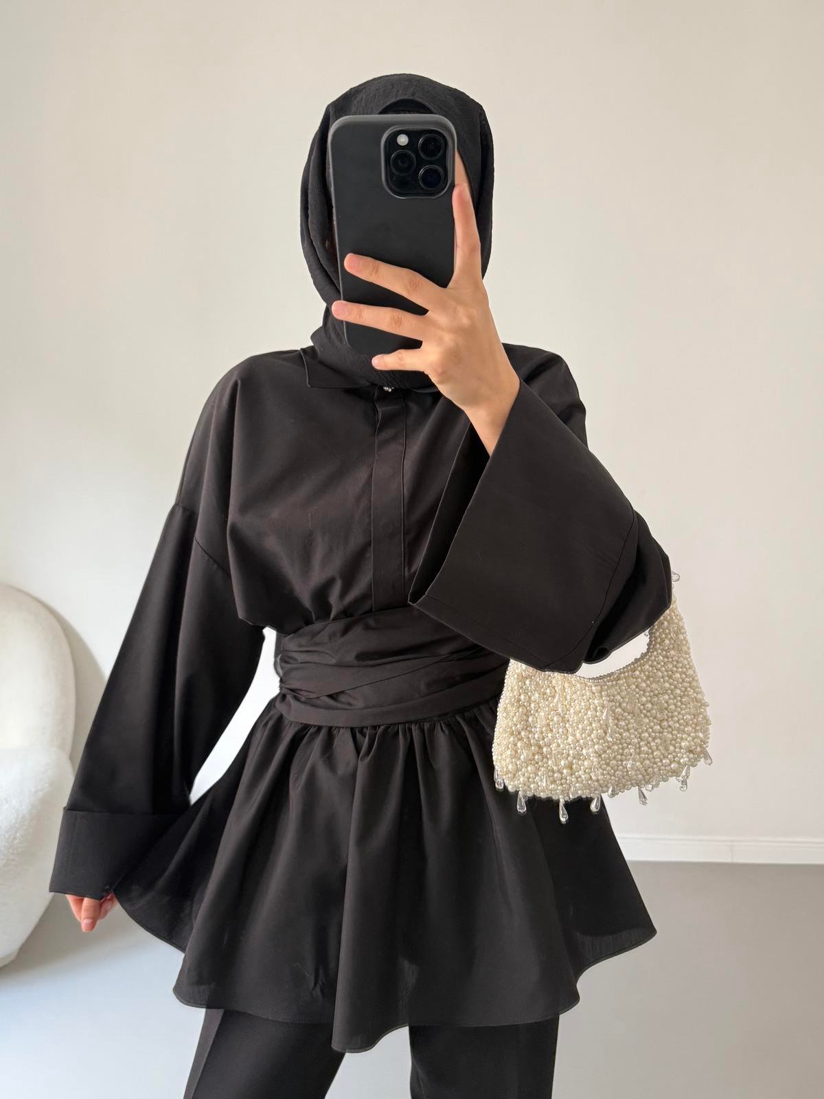 Bağlamalı Poplin Gömlek - Siyah