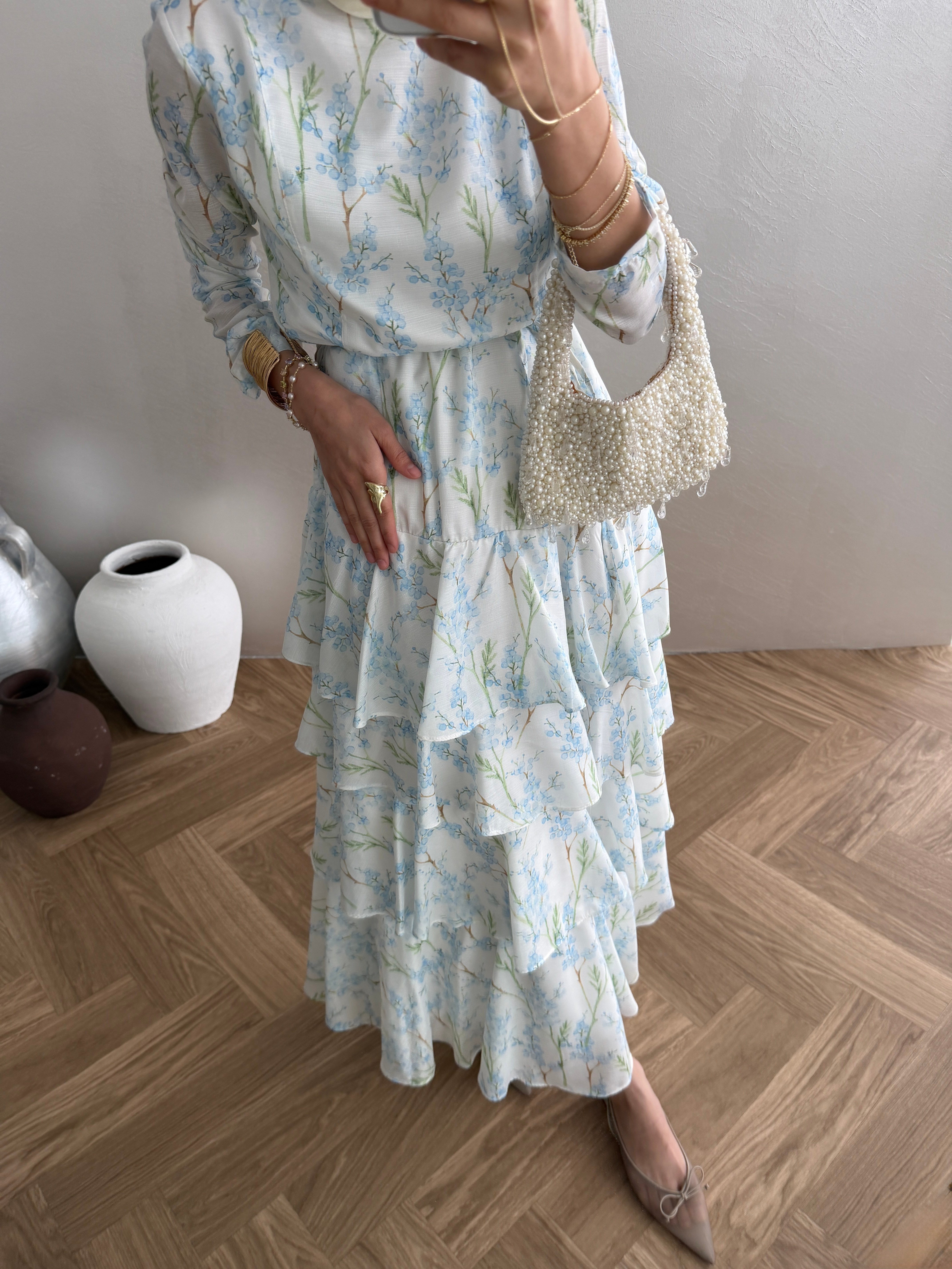 Çicek Desenli Elbise - Mavi