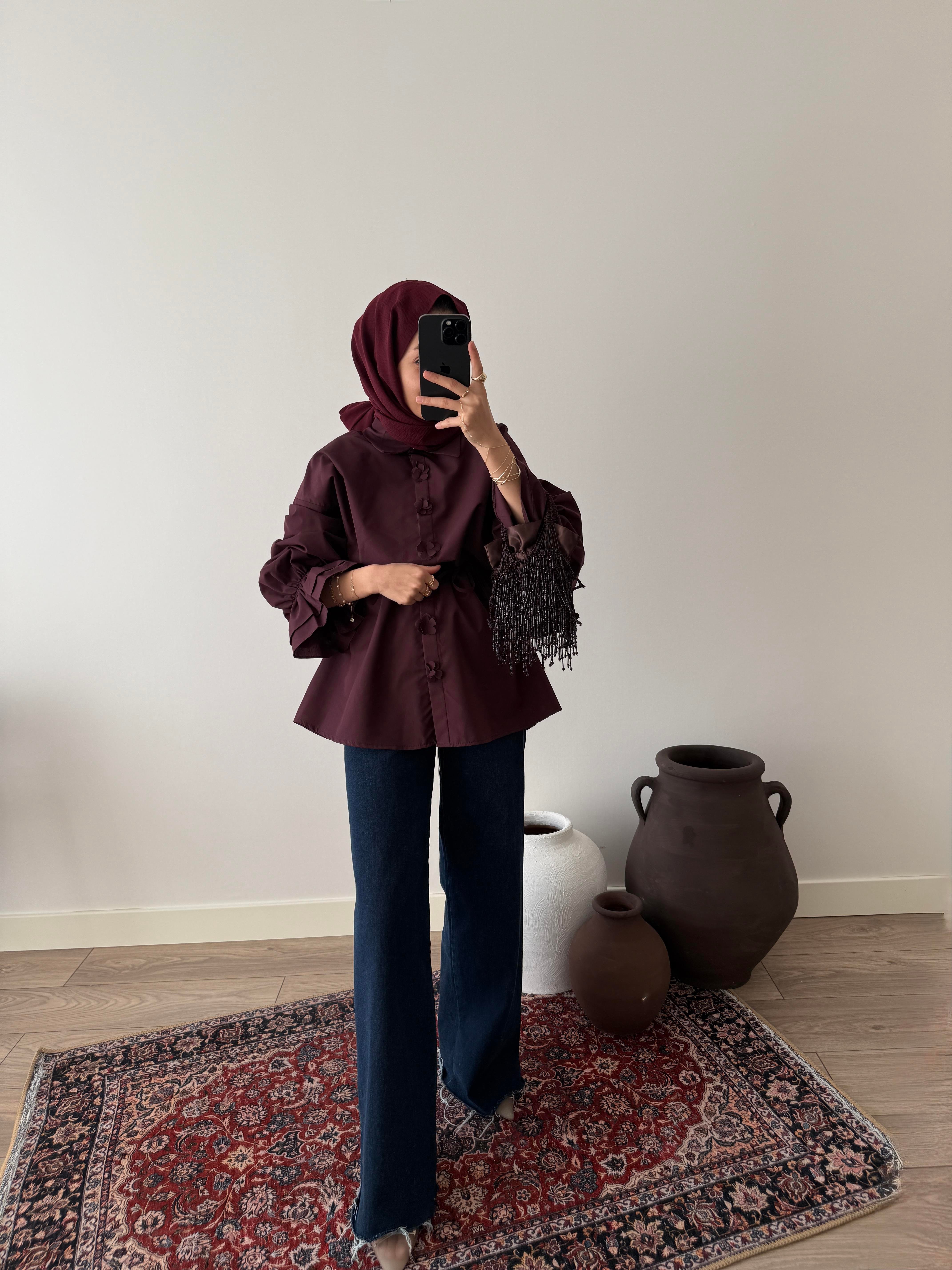 Çicek Düğmeli Poplin Gömlek - Bordo