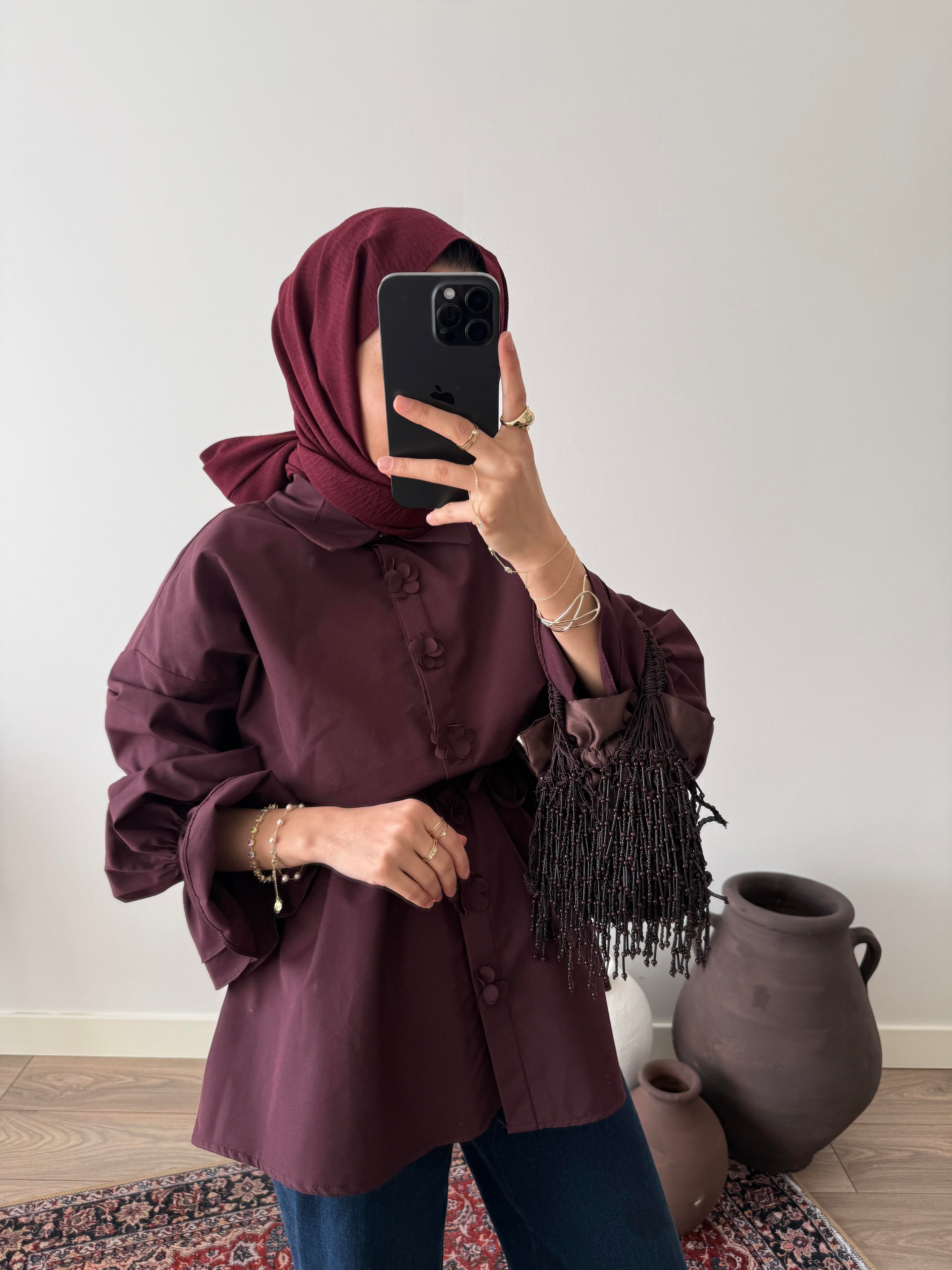 Çicek Düğmeli Poplin Gömlek - Bordo
