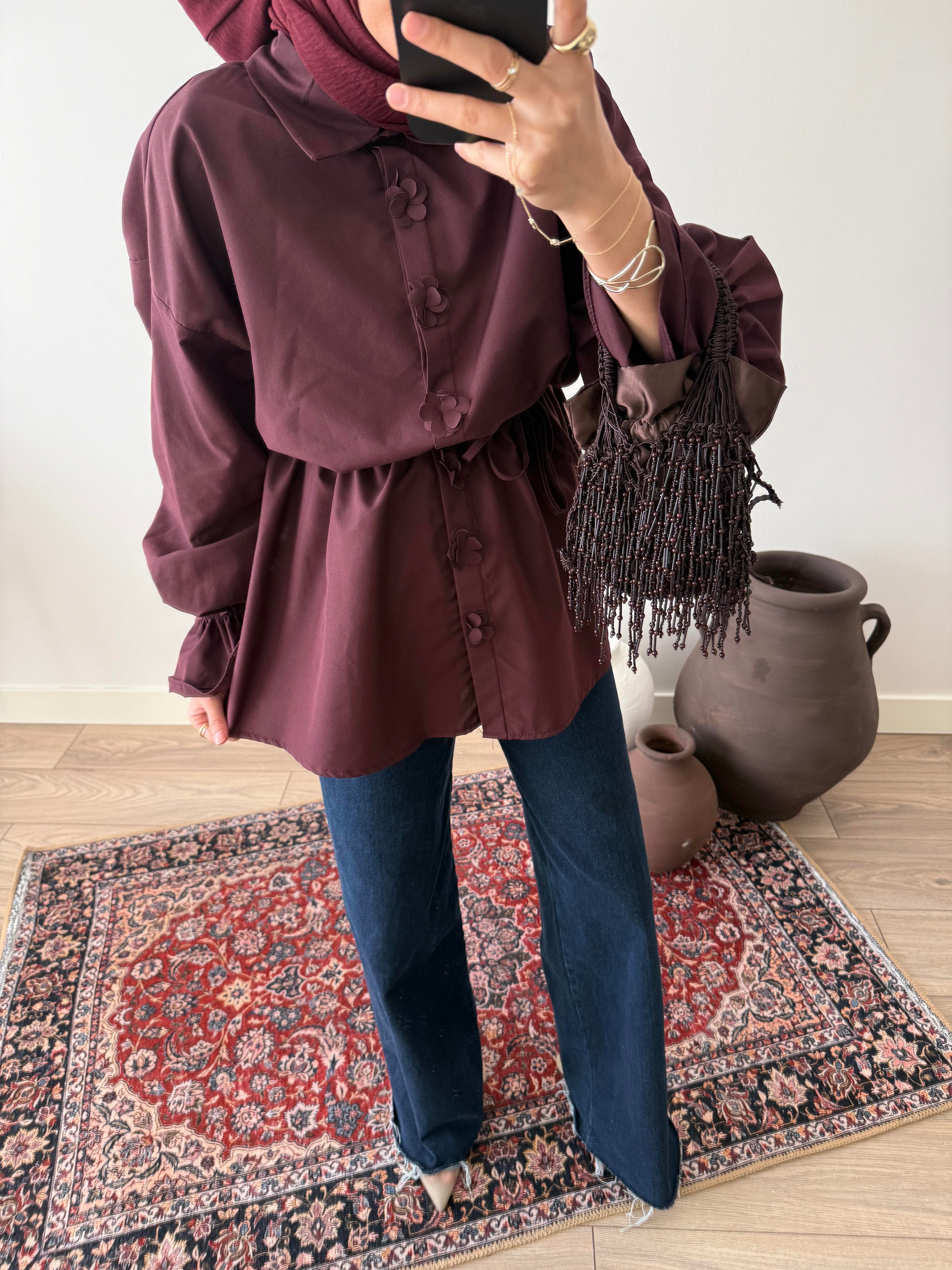 Çicek Düğmeli Poplin Gömlek - Bordo