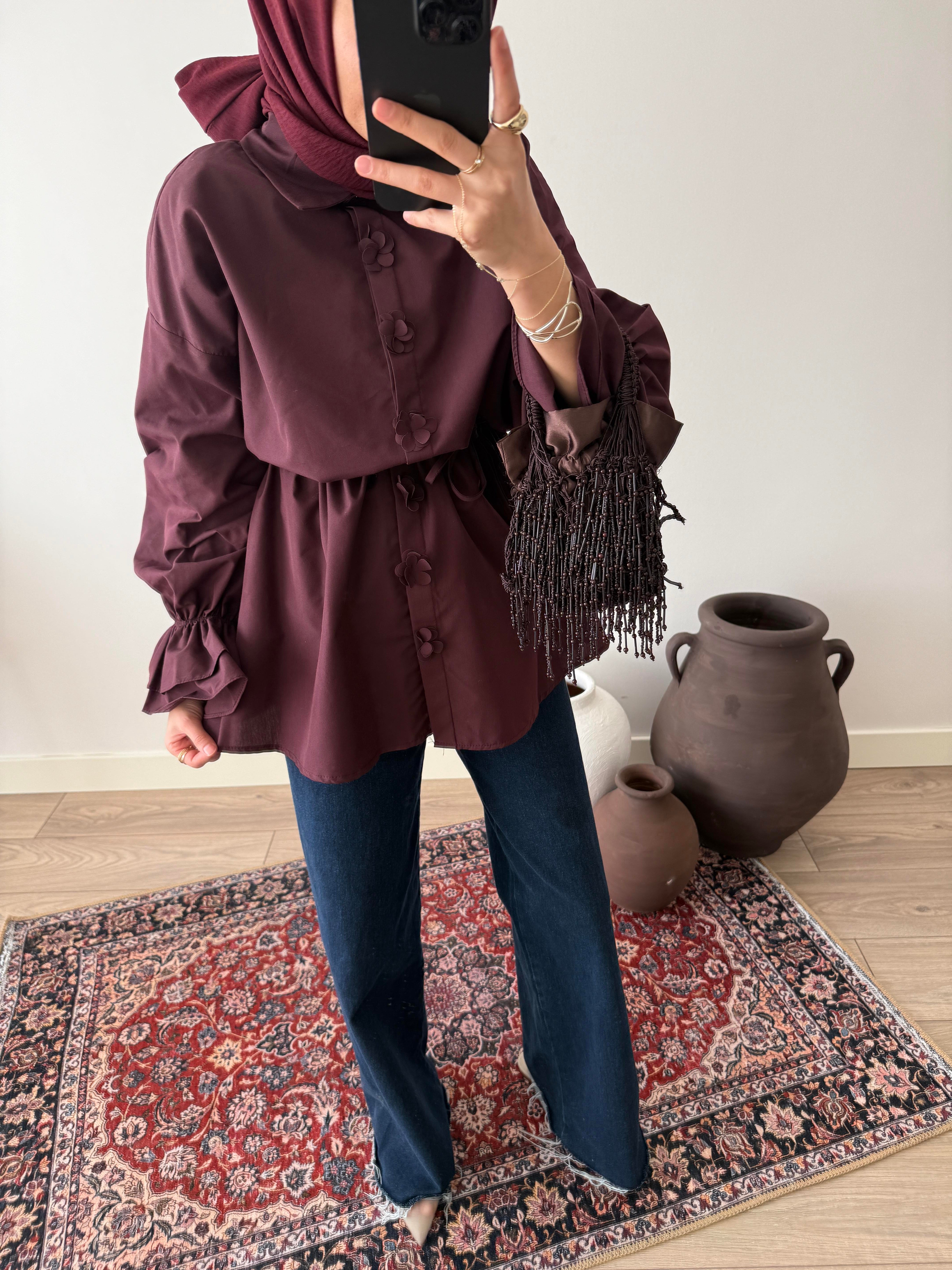 Çicek Düğmeli Poplin Gömlek - Bordo