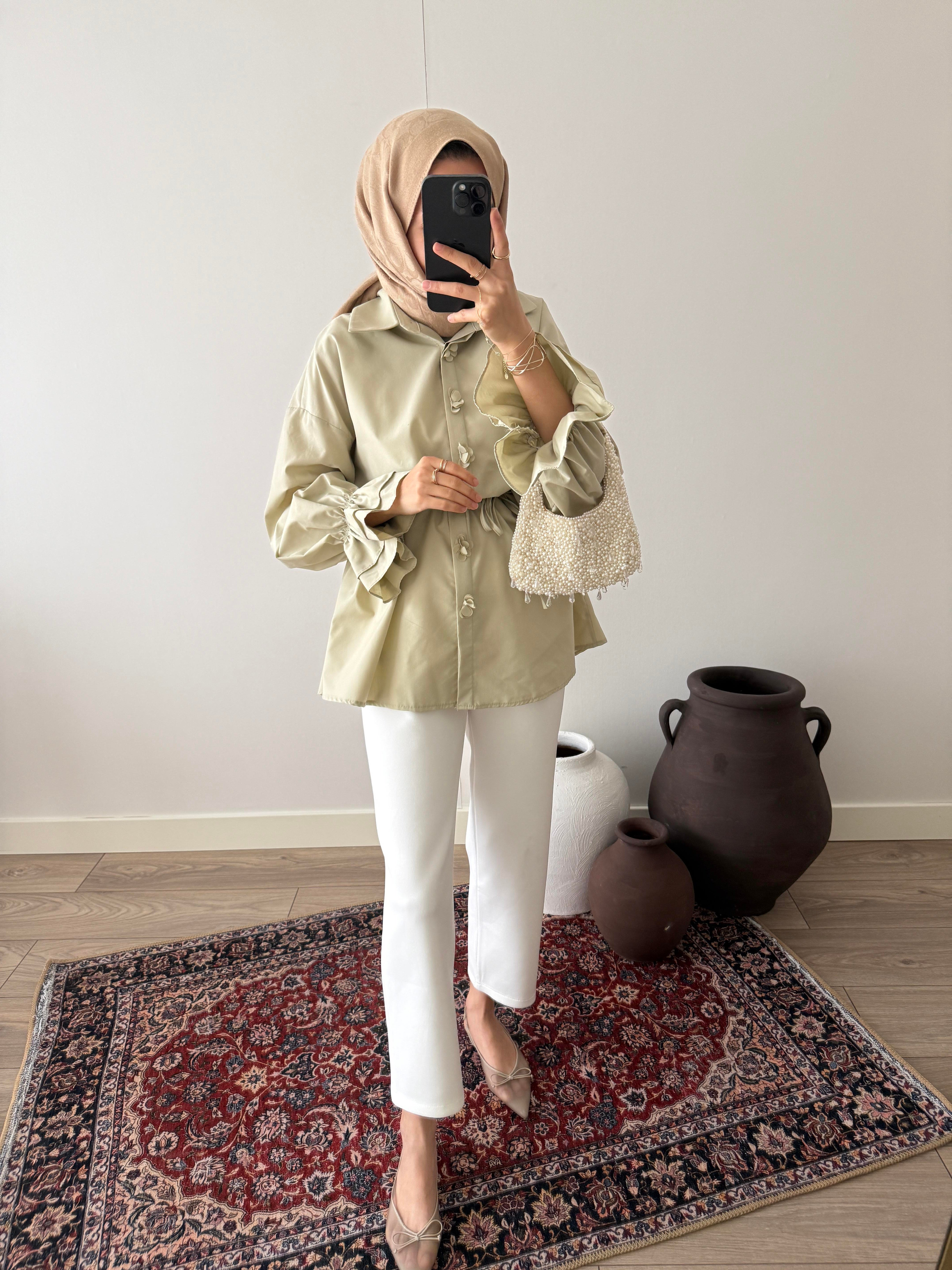 Çicek Düğmeli Poplin Gömlek - Mint