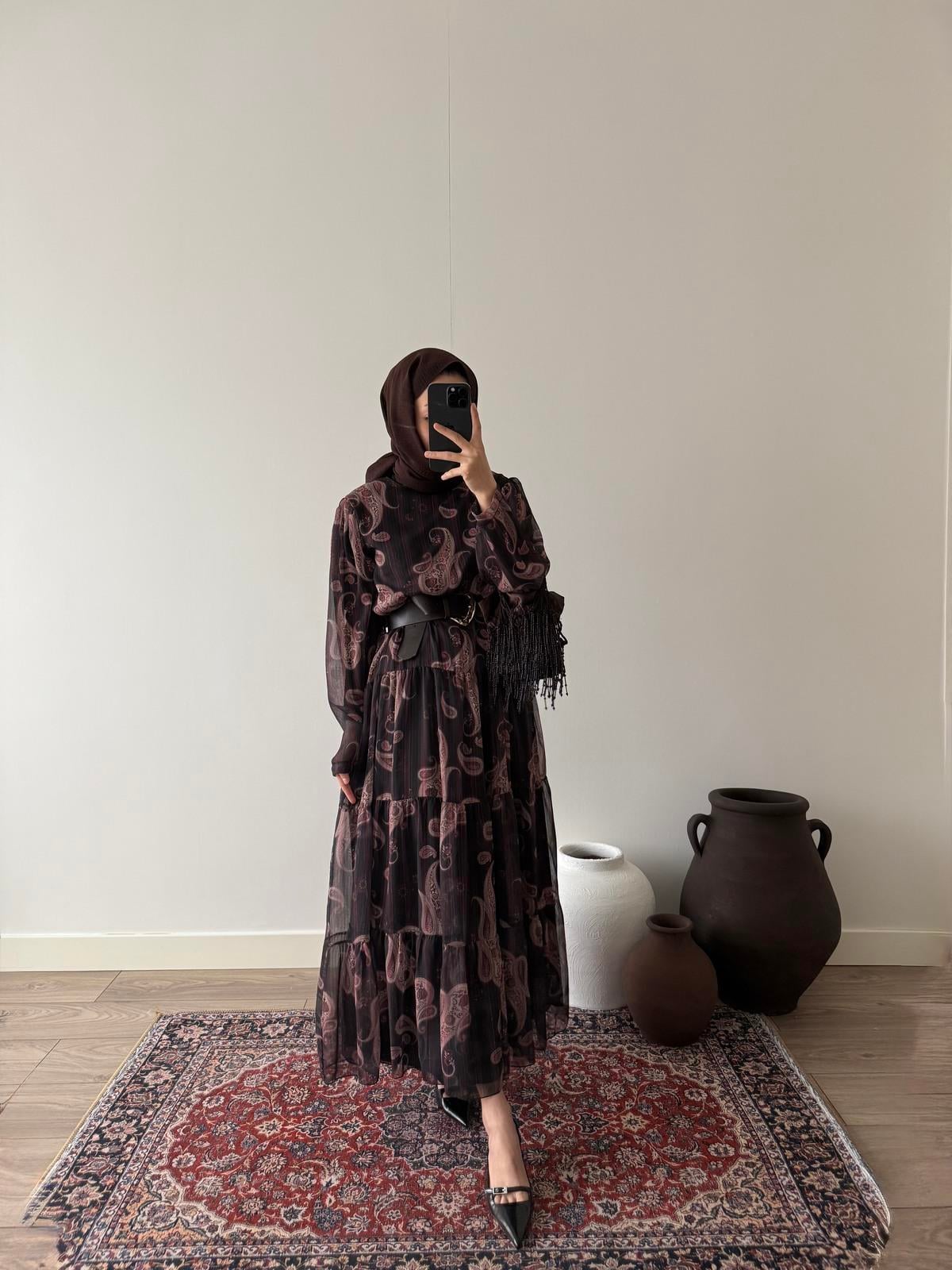 Dama Şifon Elbise - Kahve