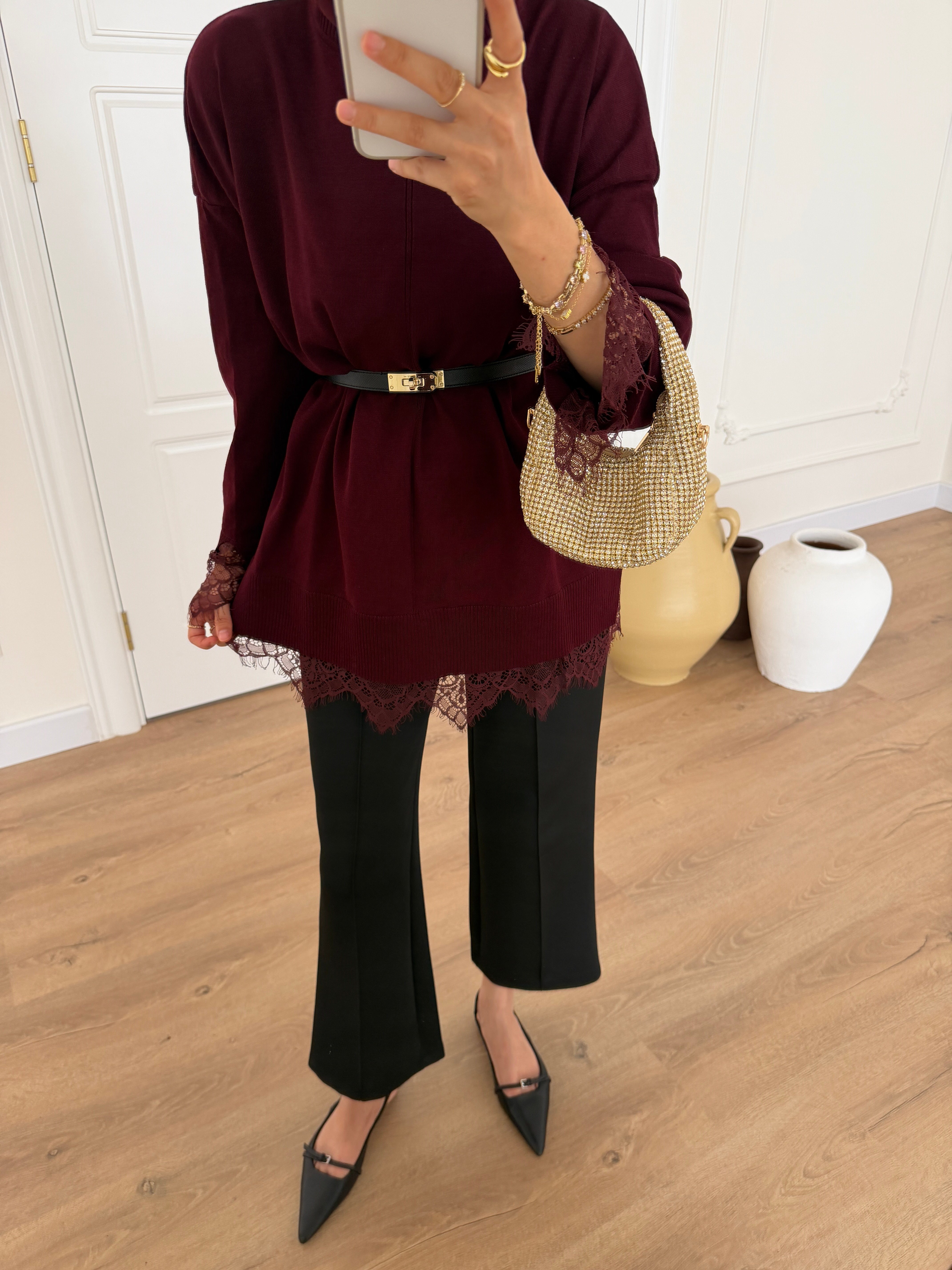 Dantelli Merserize Tunik - Bordo 