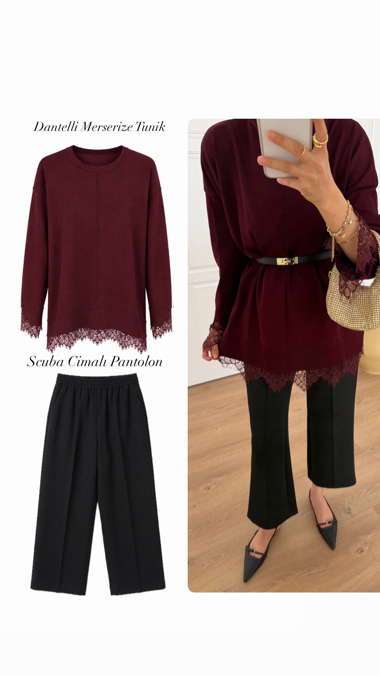 Dantelli Merserize Tunik - Bordo 
