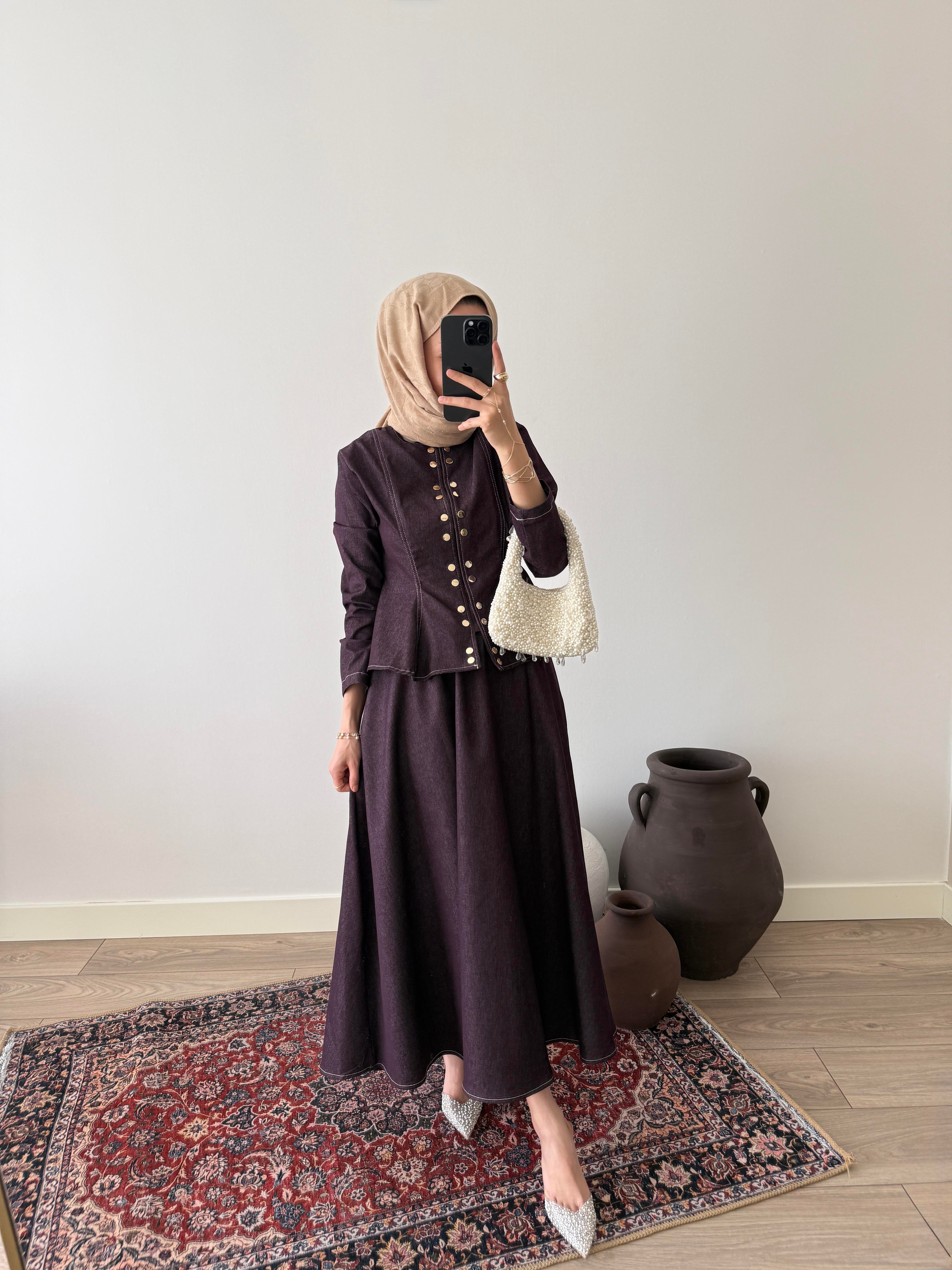 Düğmeli Kot Takım - Bordo