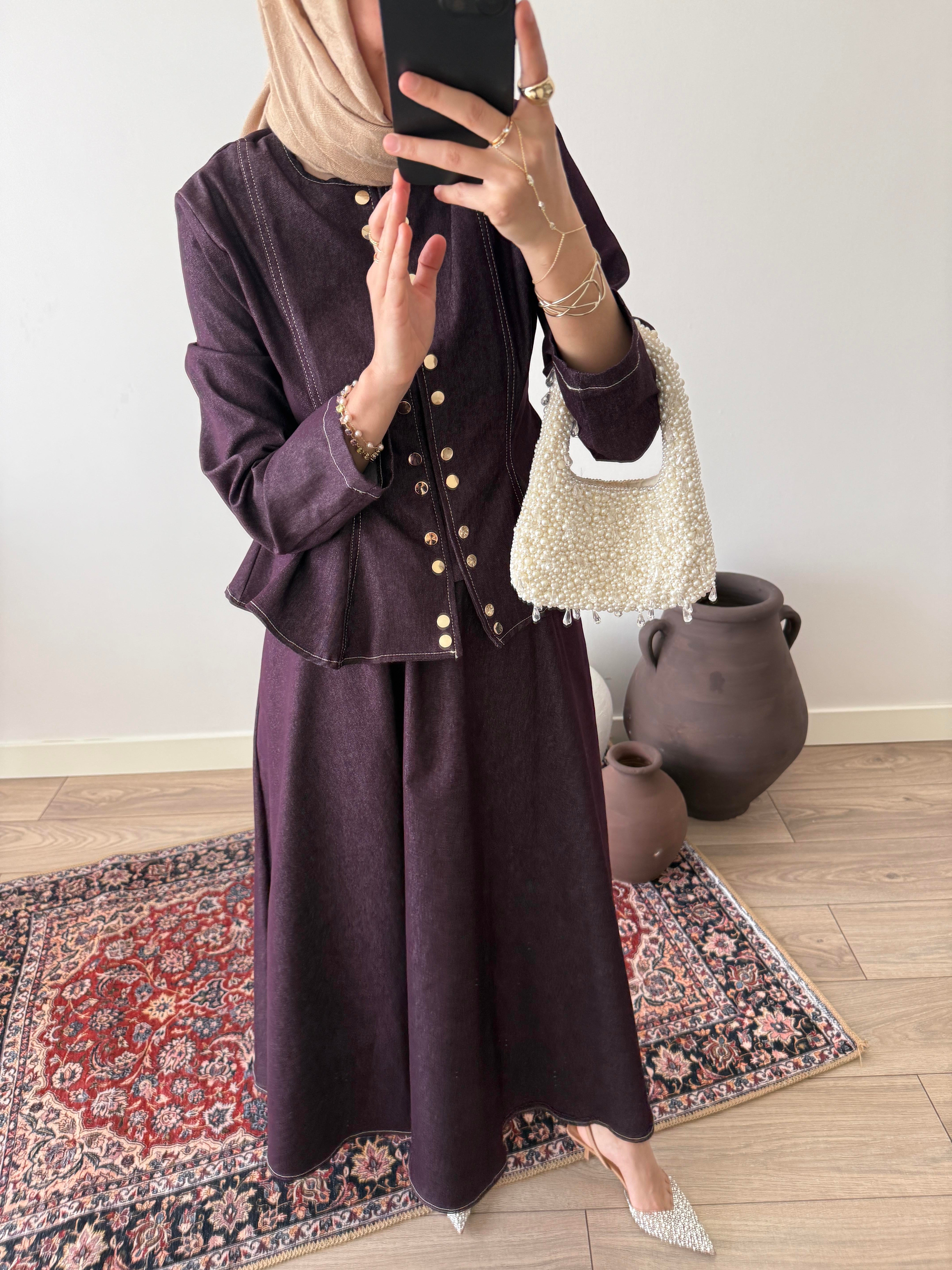 Düğmeli Kot Takım - Bordo