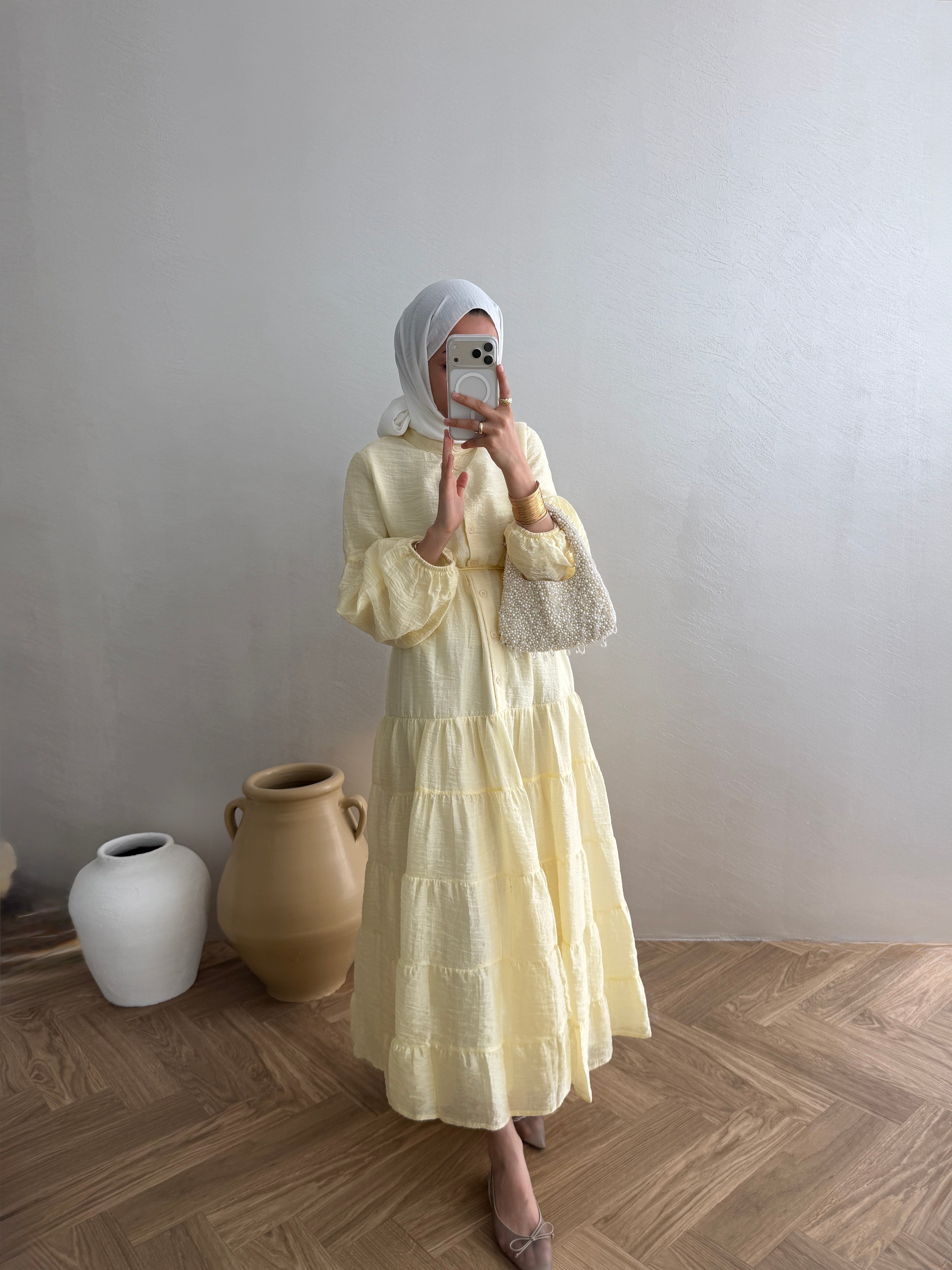 Düğmeli Tensel  Elbise - Sarı