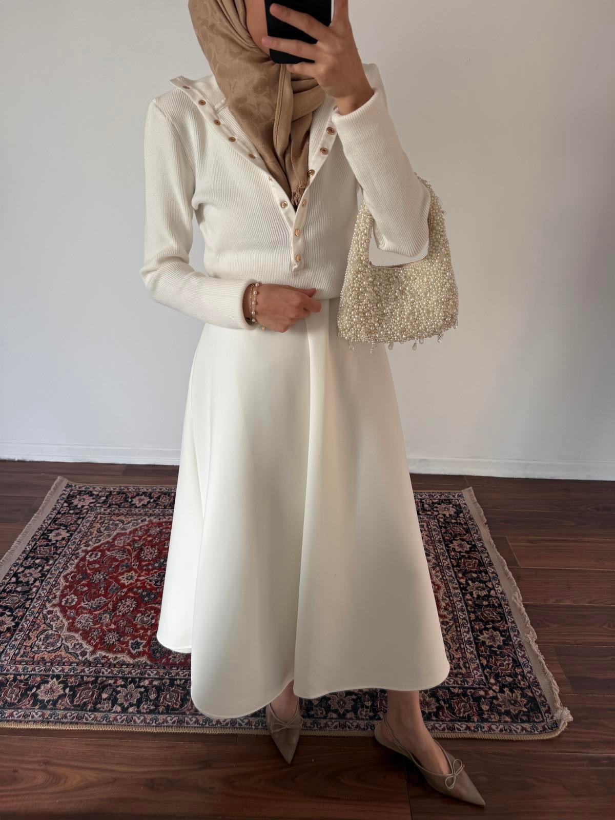 Düğmeli Triko Kazak - Ekru