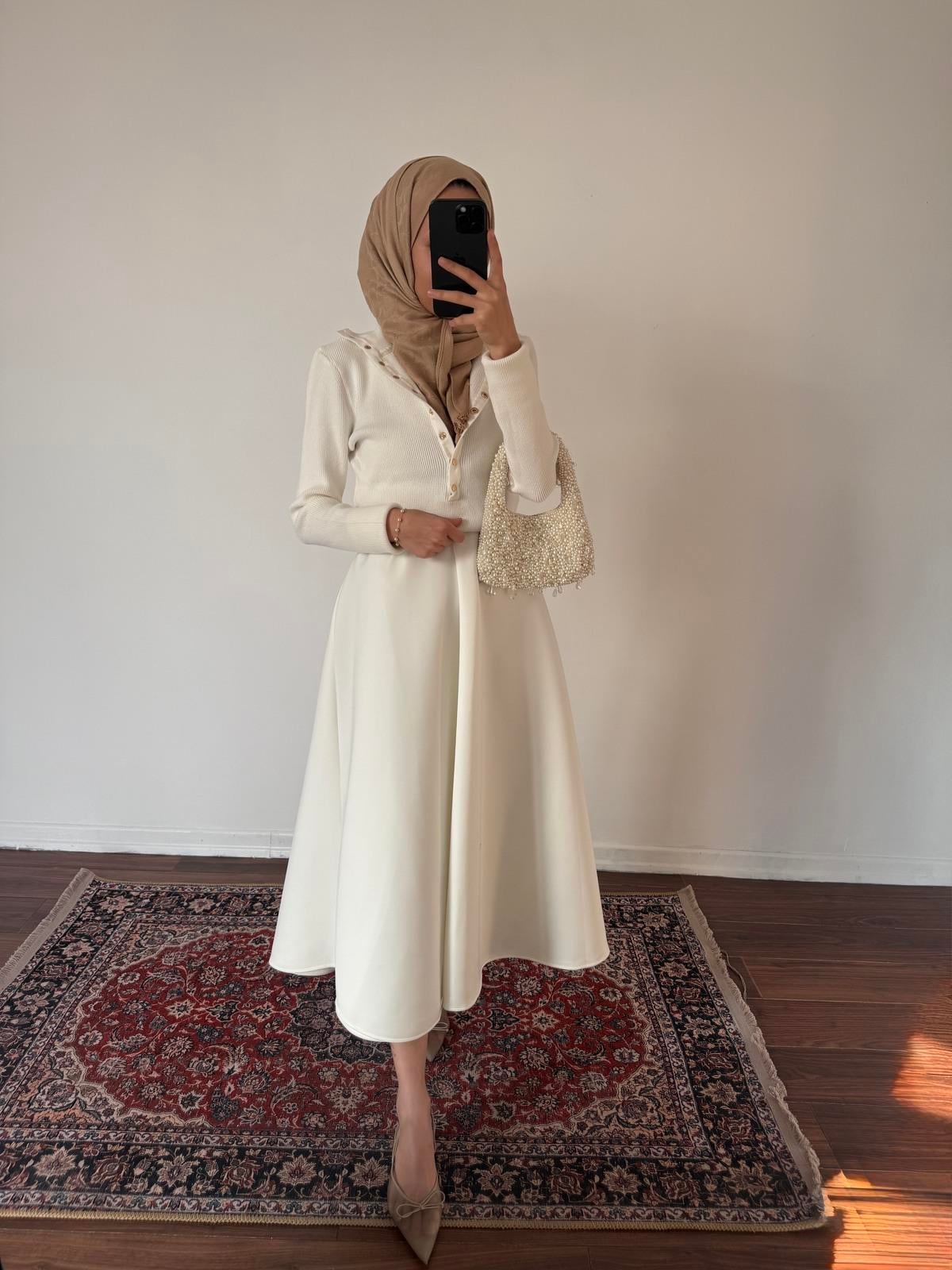 Düğmeli Triko Kazak - Ekru
