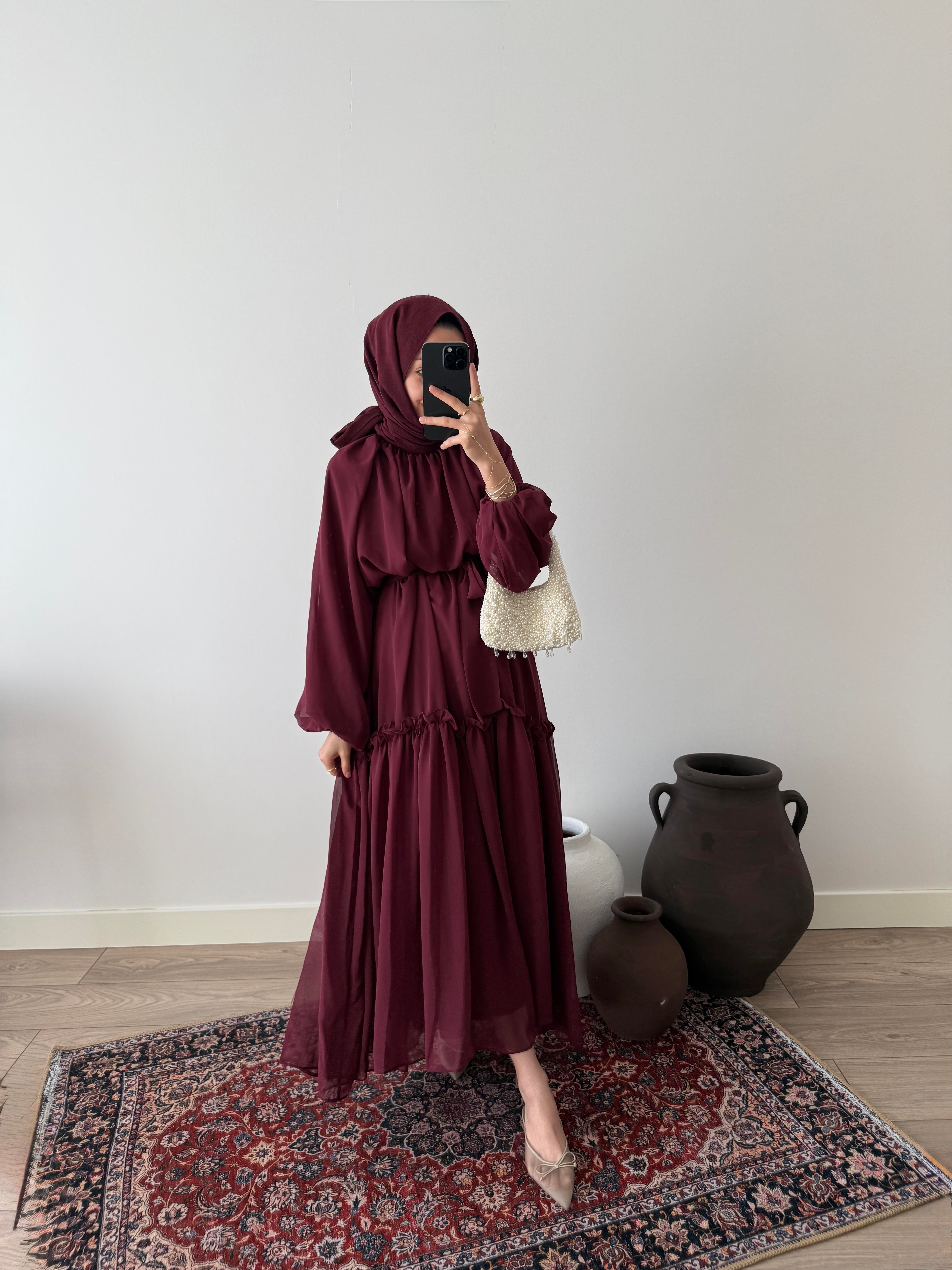 Efil Şifon Elbise - Bordo