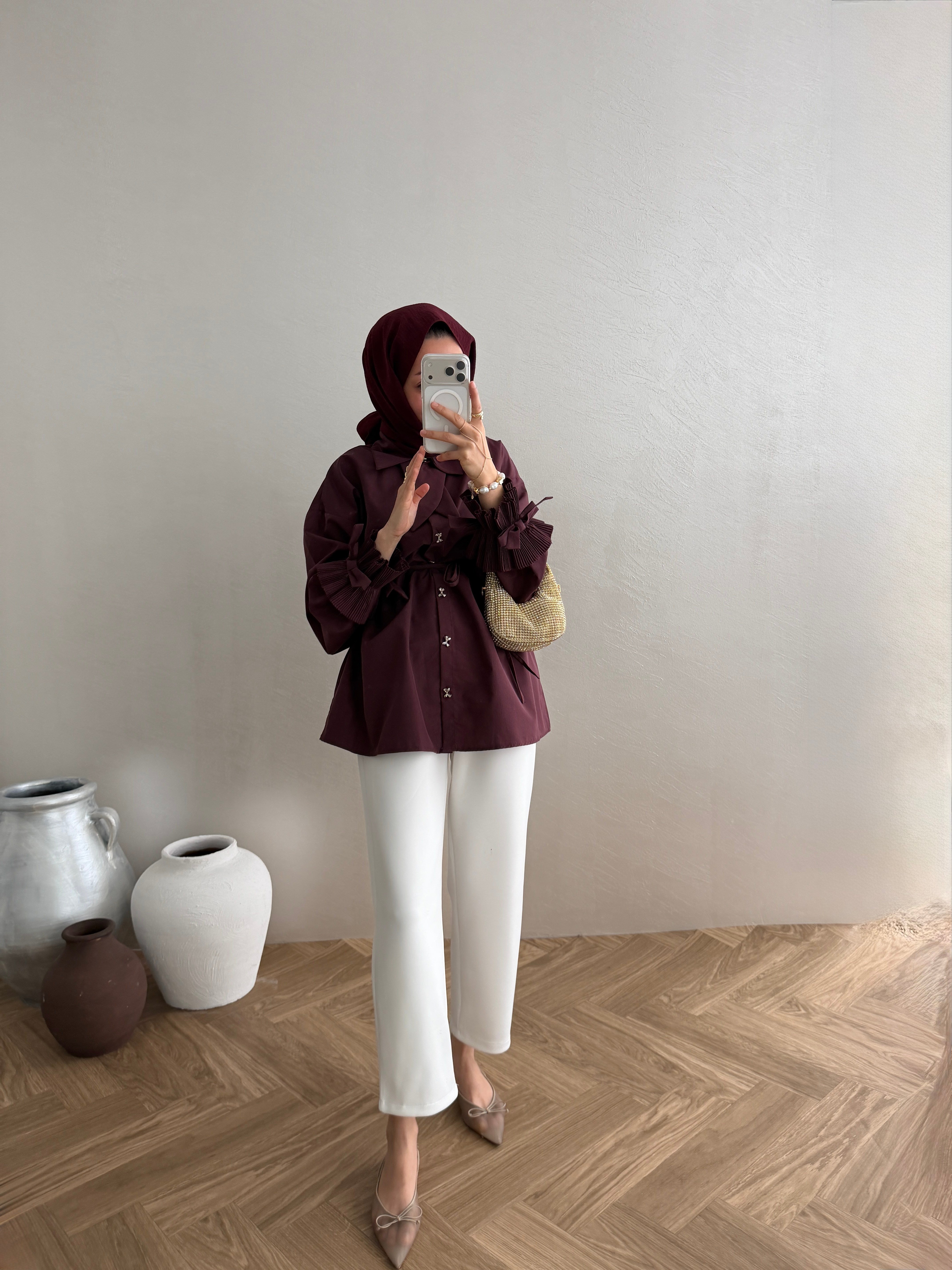 Fiyonklu Poplin Gömlek - Bordo