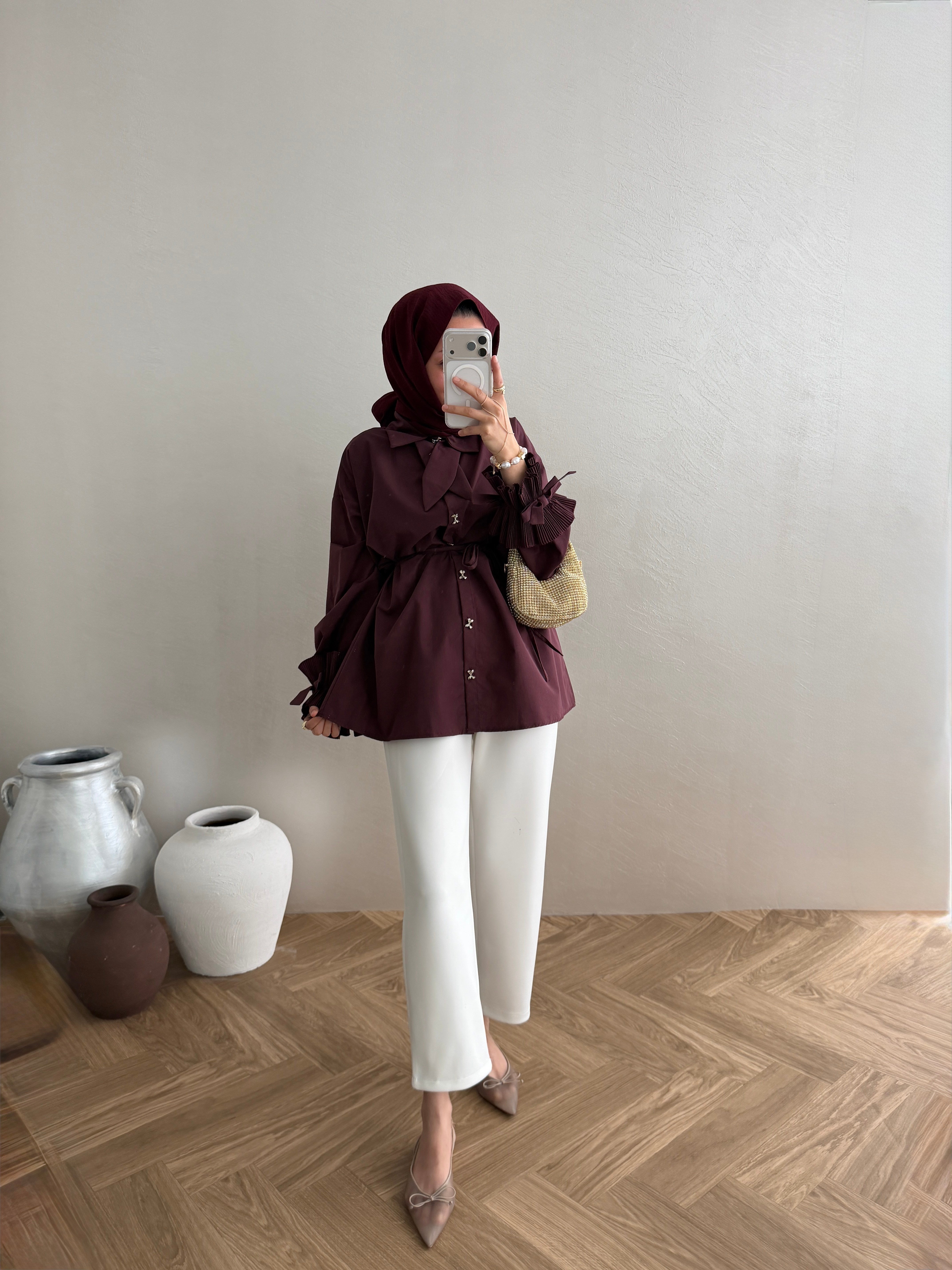 Fiyonklu Poplin Gömlek - Bordo