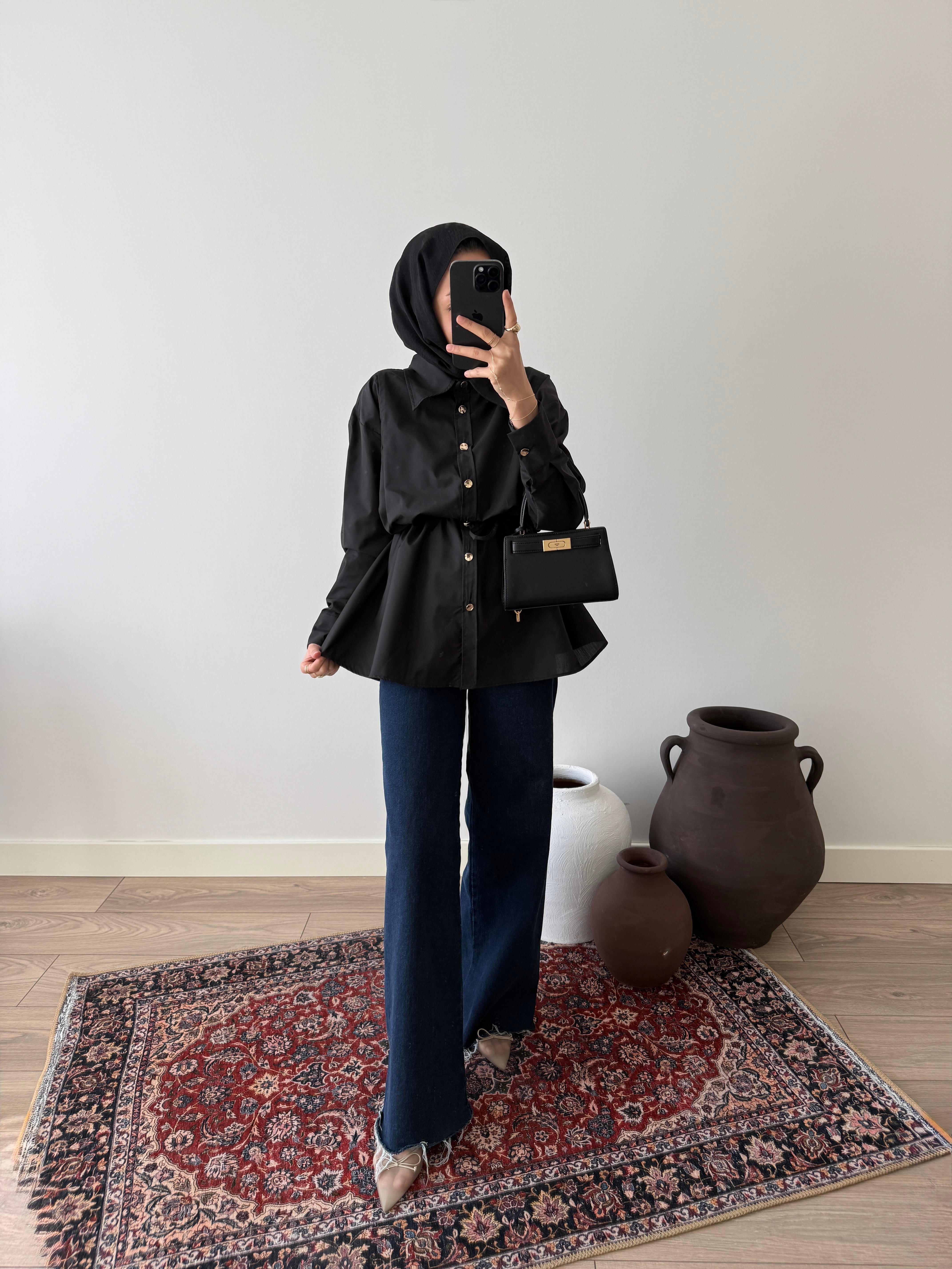 Gold Düğmeli Poplin Gömlek - Siyah