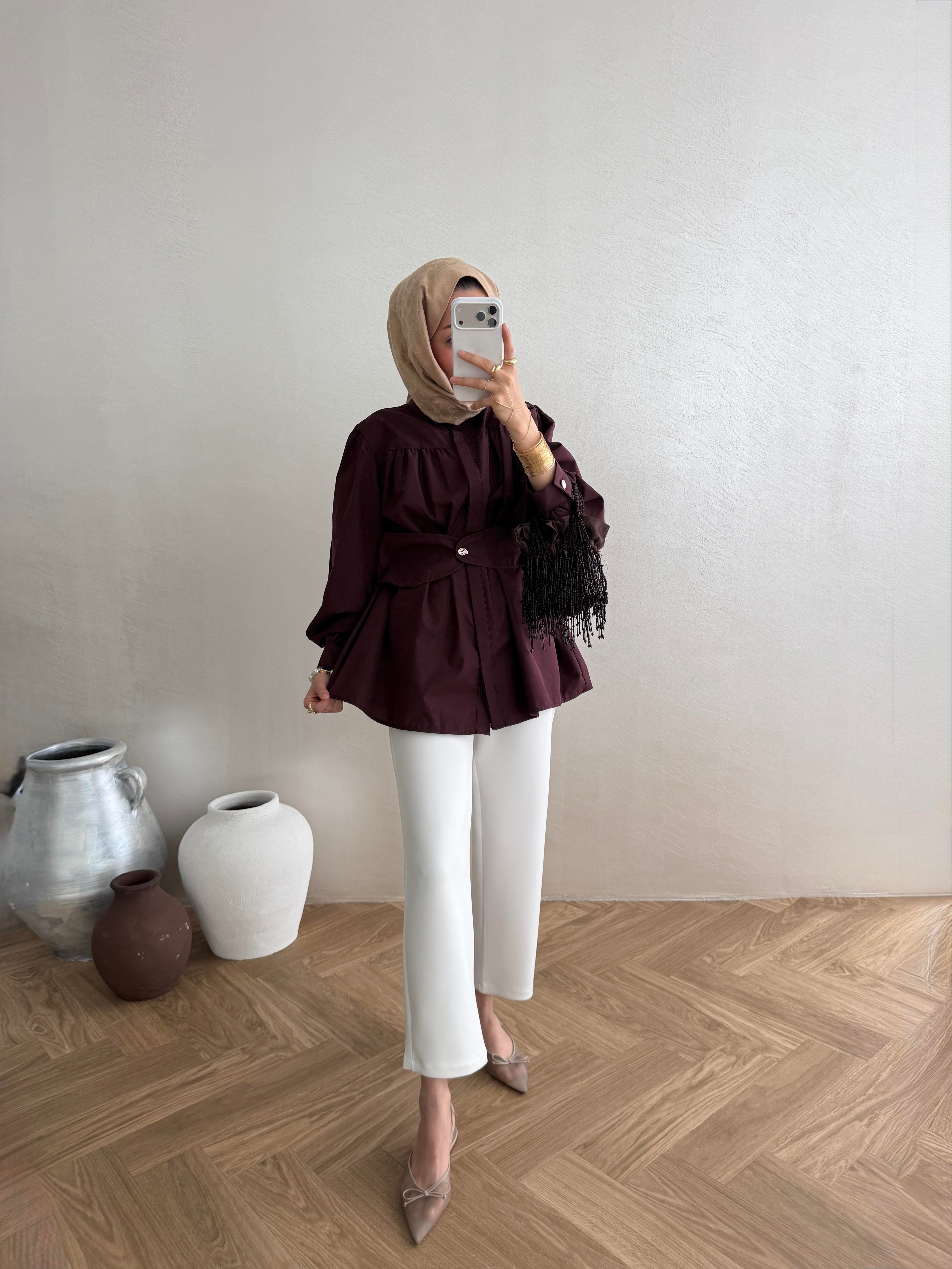 Kemer Detaylı Poplin Gömlek - Bordo