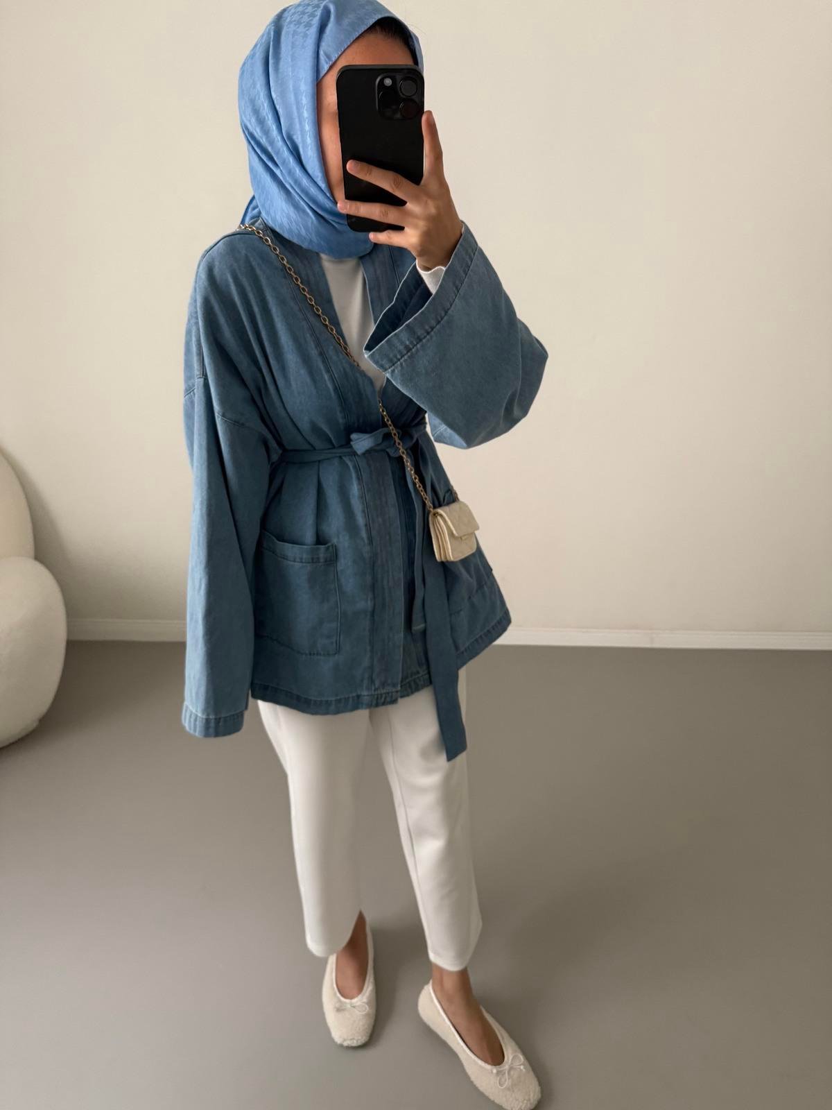 Kot Kimono Ceket - Mavi
