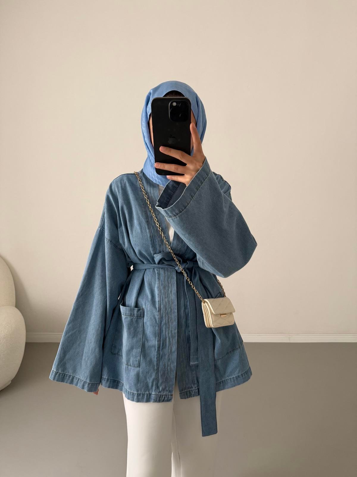 Kot Kimono Ceket - Mavi