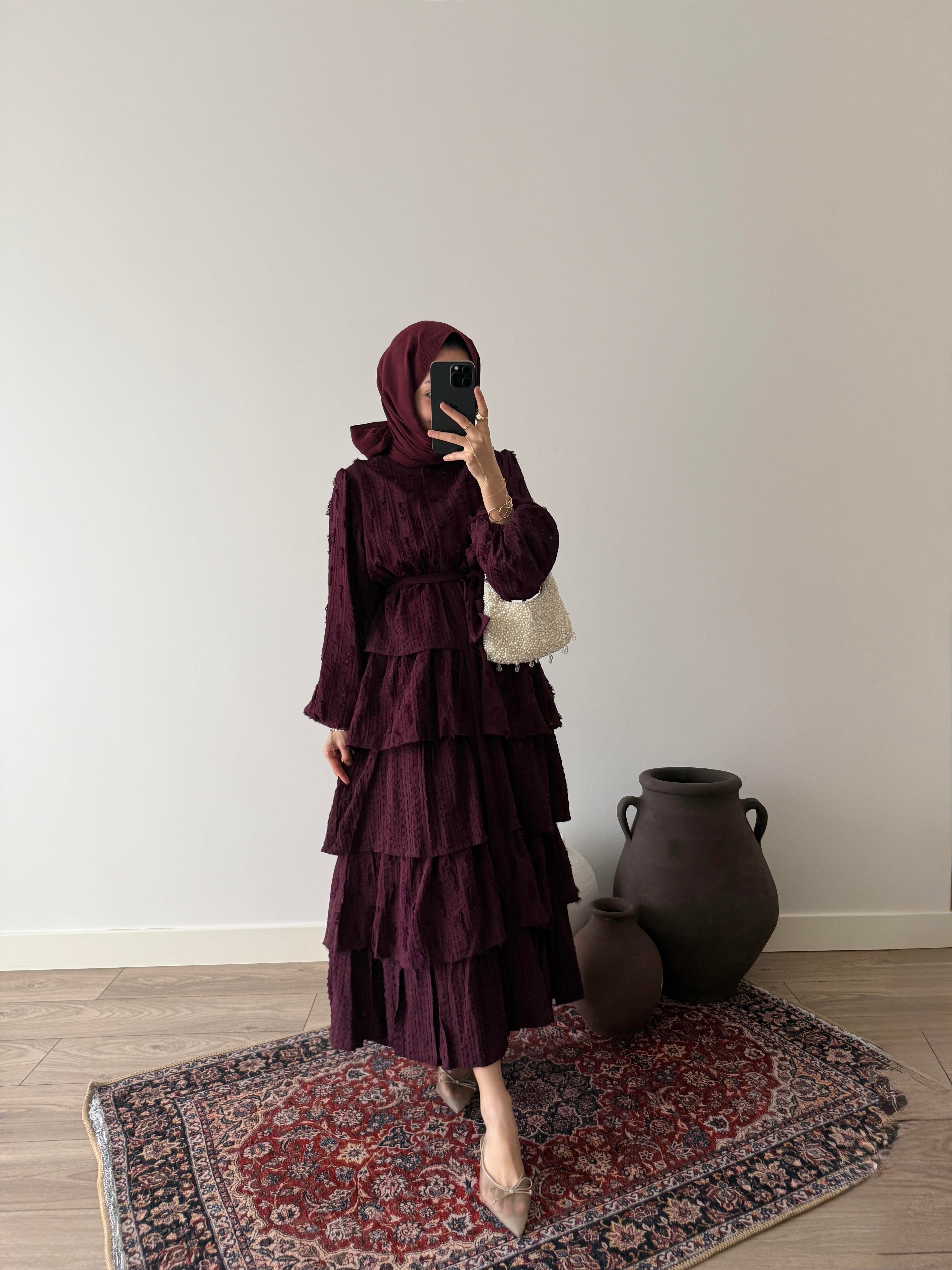 Lara Desenli Kat Kat Elbise - Mürdüm