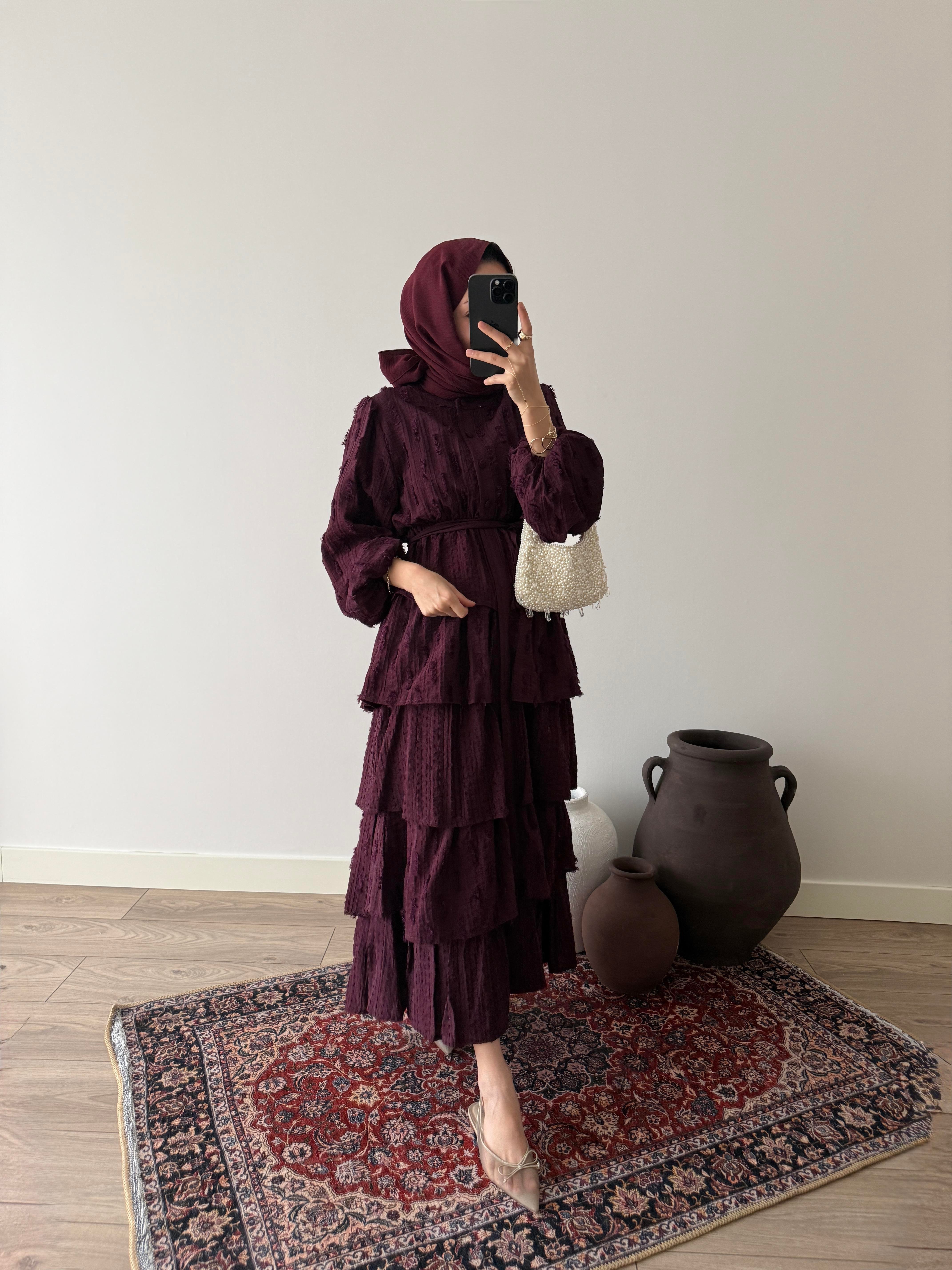 Lara Desenli Kat Kat Elbise - Mürdüm