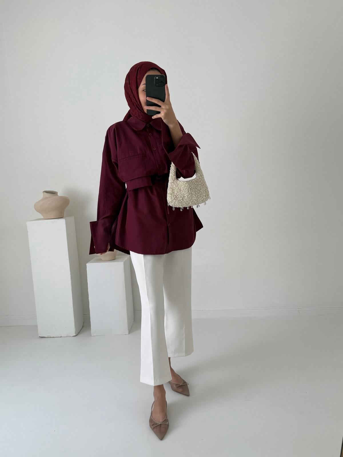 Lotus Poplin Gömlek - Bordo