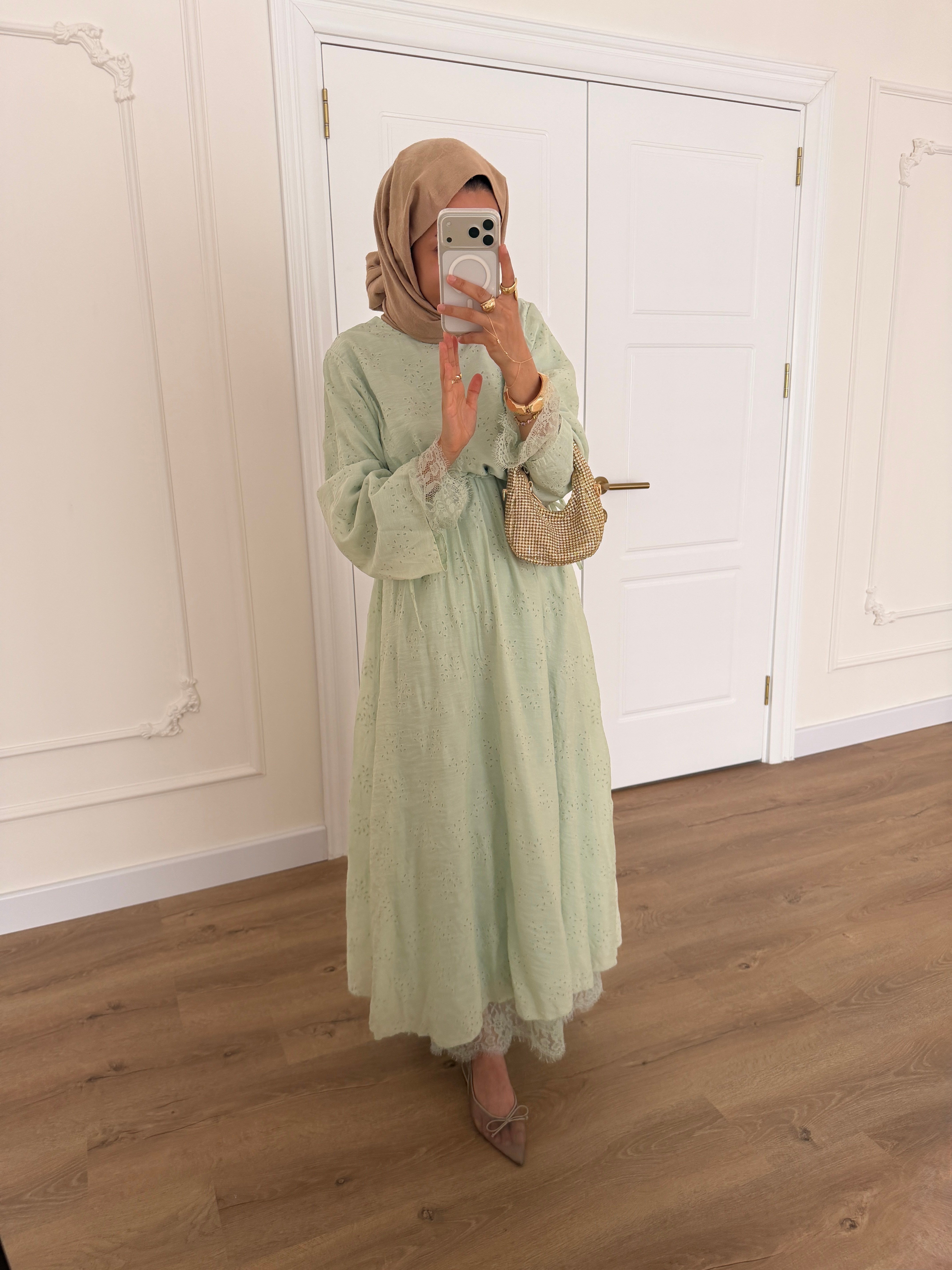 Luna Dantelli Elbise - Mint