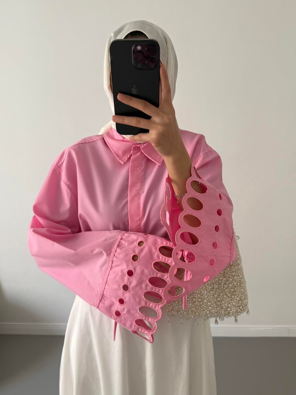 Nakış işlemeli Kaşe Gömlek - Pembe