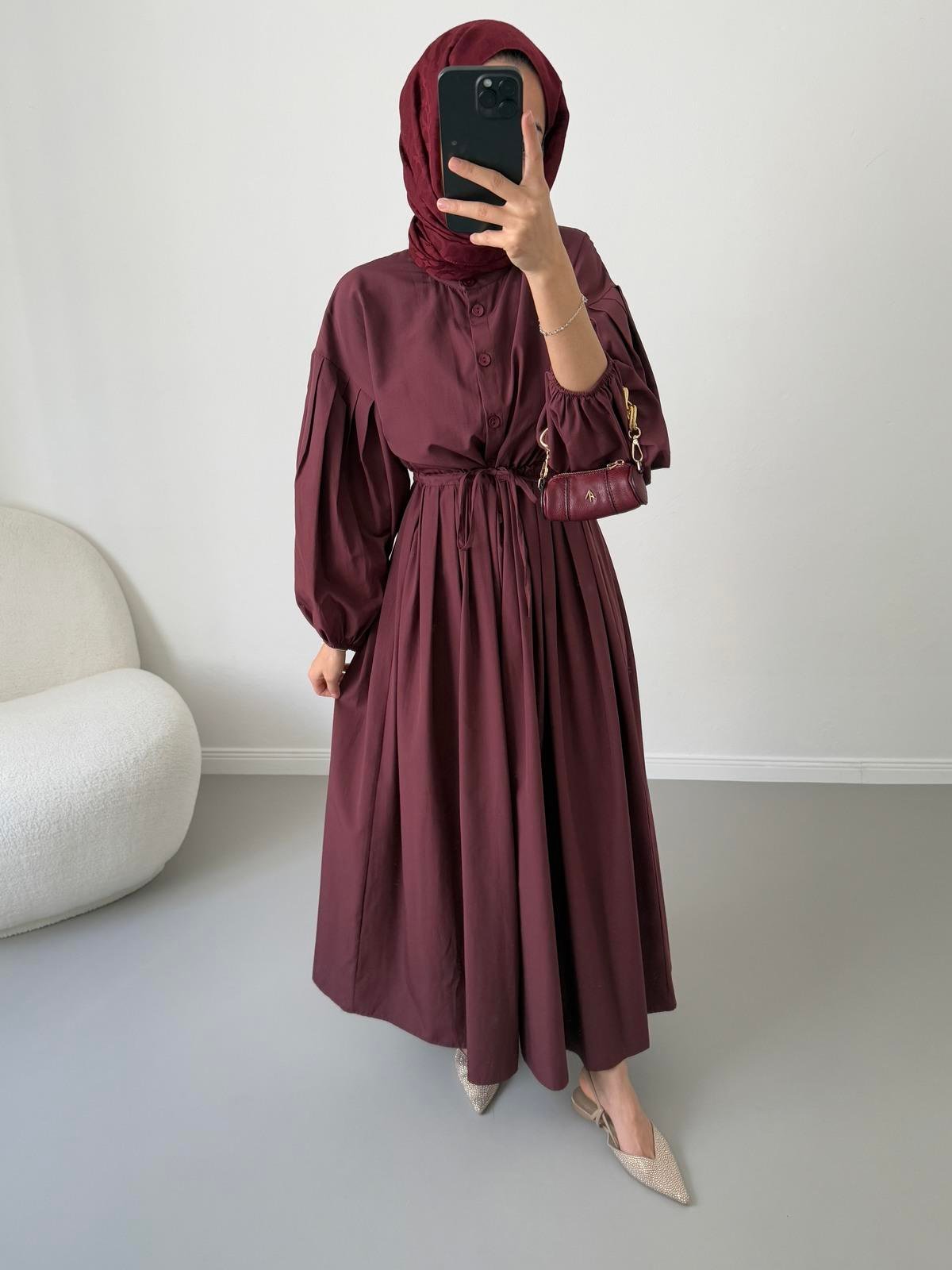 Pamuklu Düğmeli Elbise - Bordo