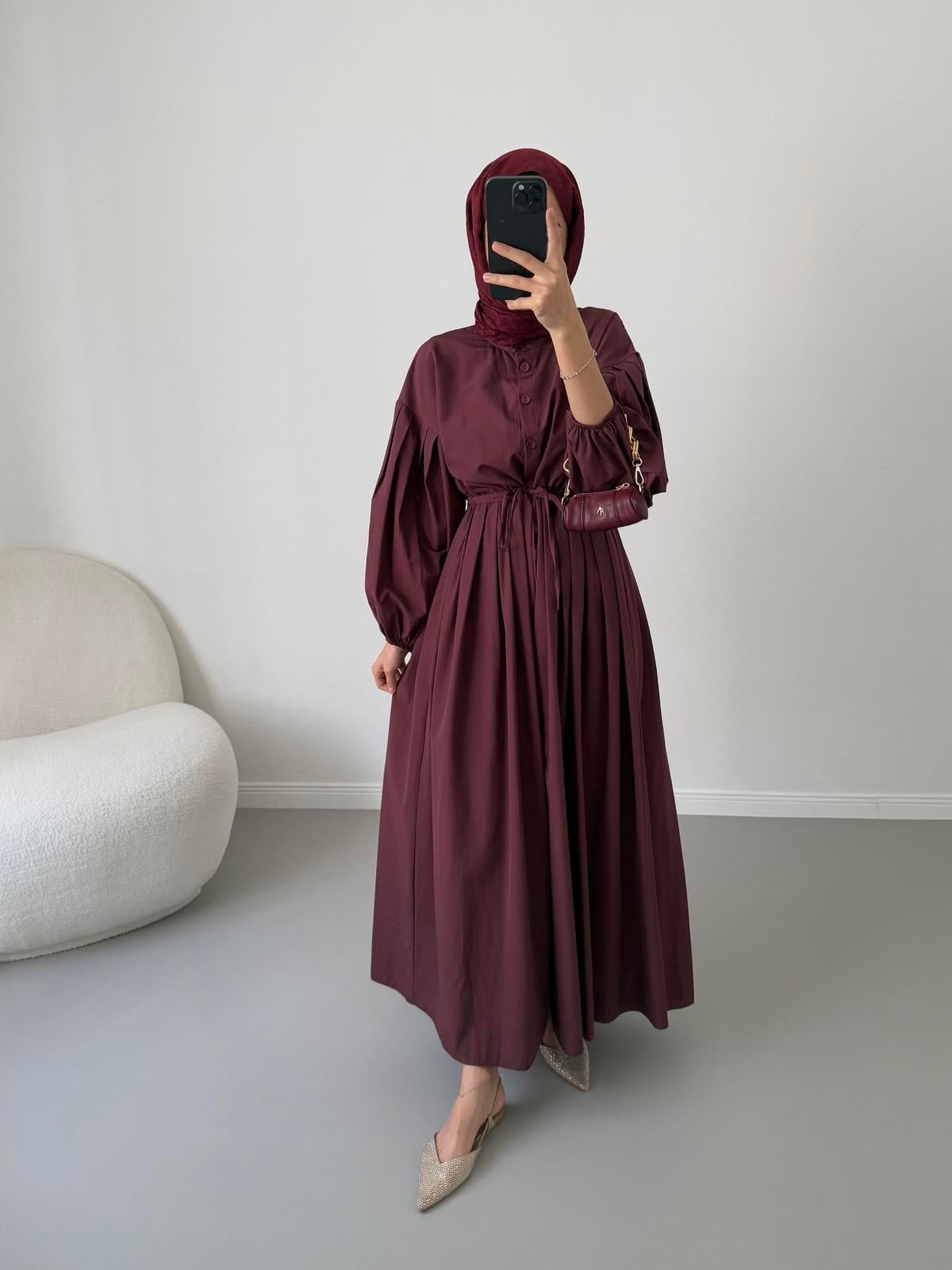 Pamuklu Düğmeli Elbise - Bordo