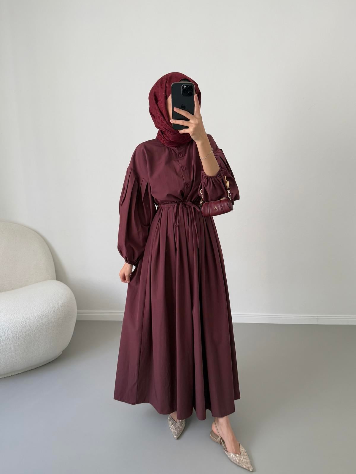 Pamuklu Düğmeli Elbise - Bordo