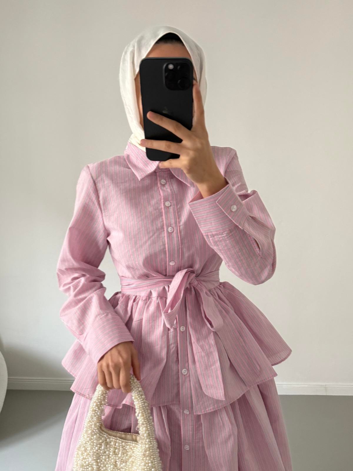 Pamuklu Kat Kat Elbise - Pembe