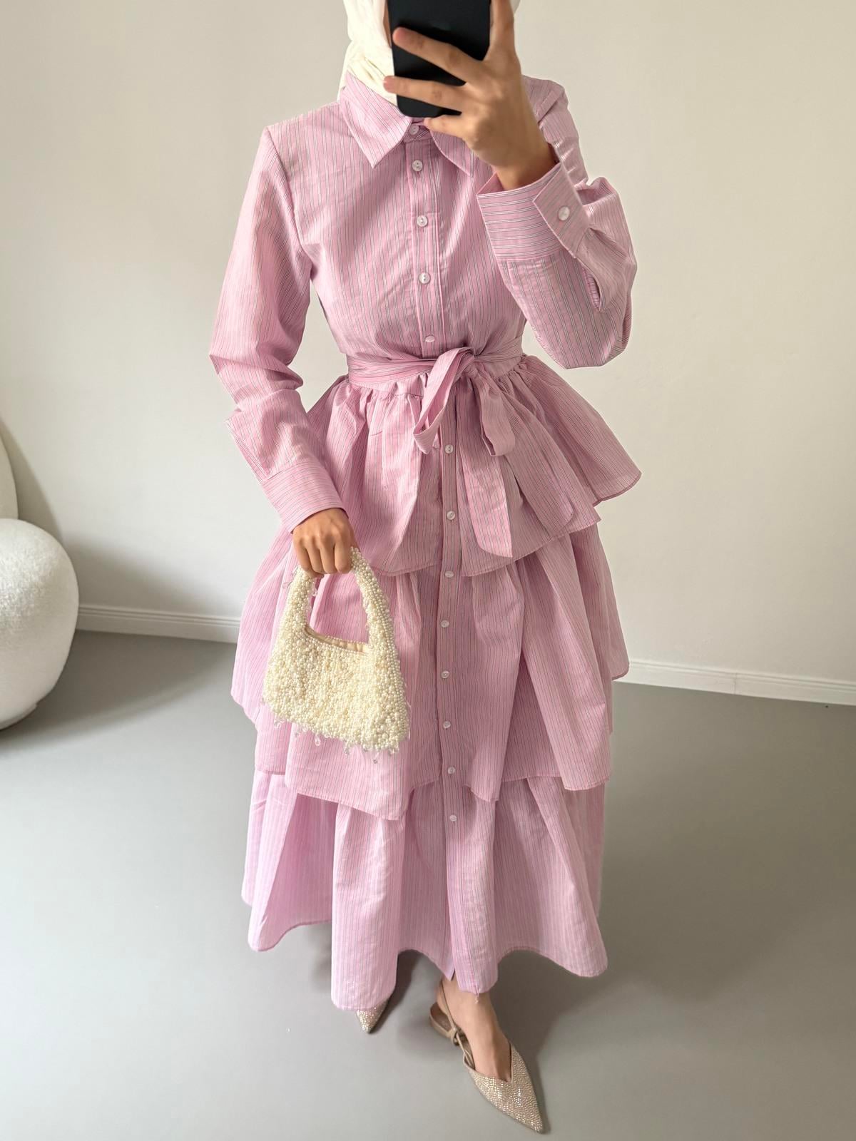 Pamuklu Kat Kat Elbise - Pembe