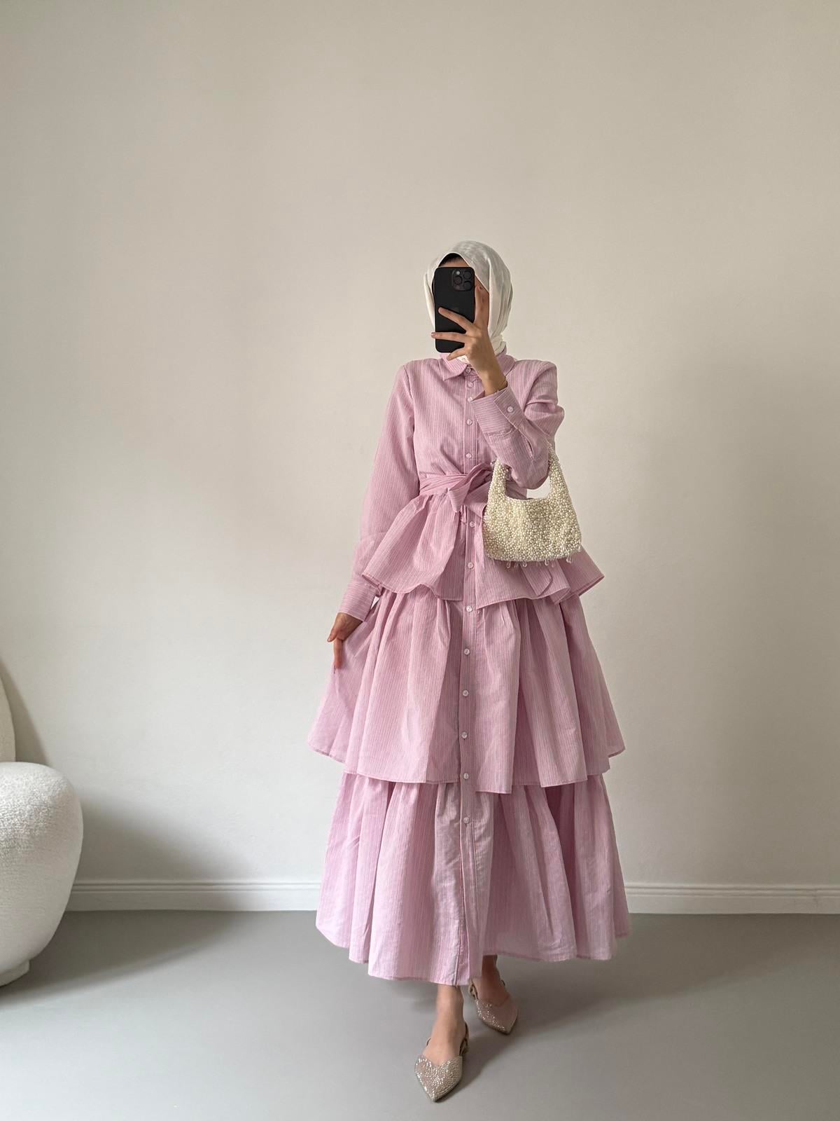 Pamuklu Kat Kat Elbise - Pembe