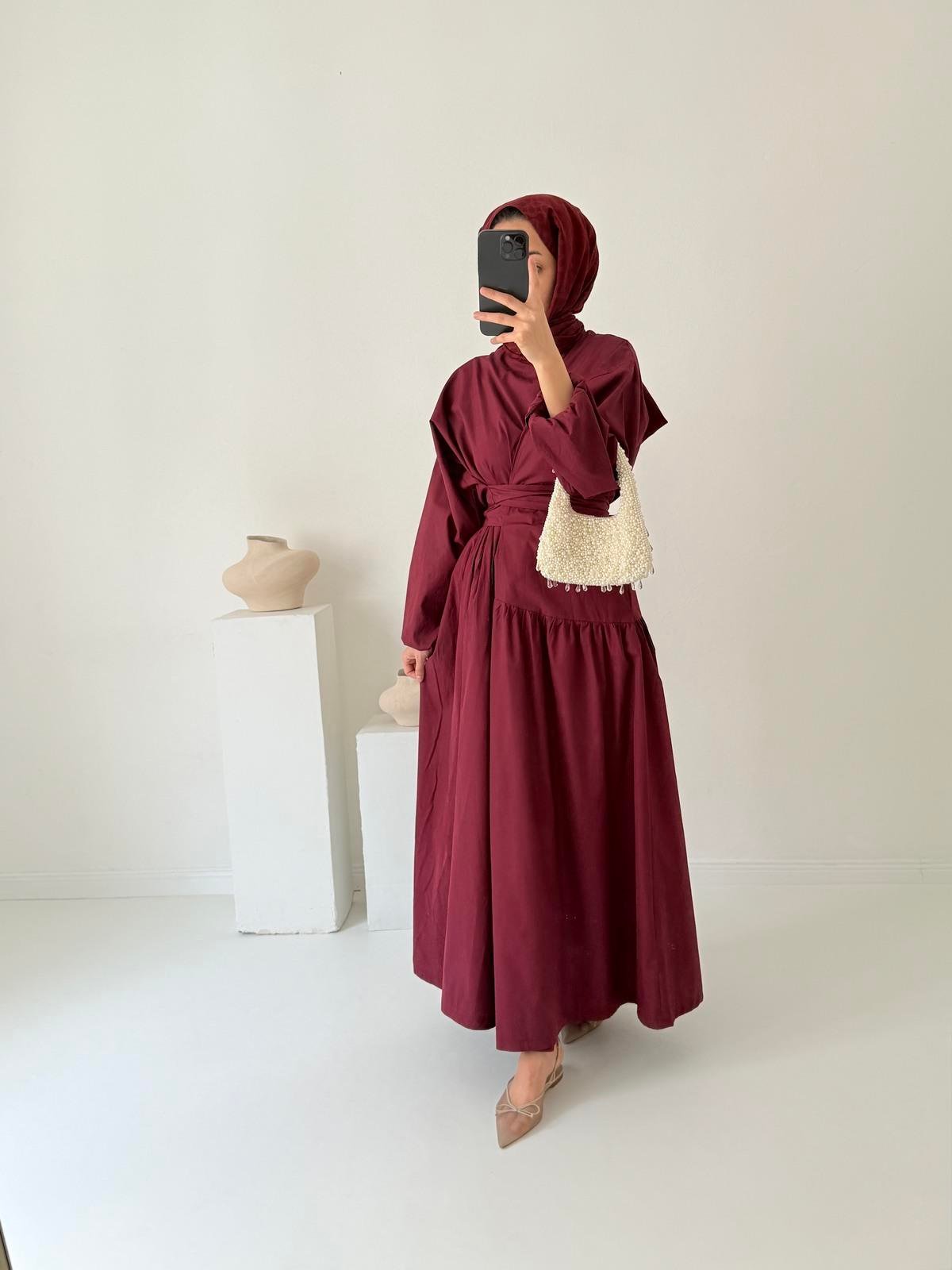 Pamuklu Poplin Elbise - Bordo 