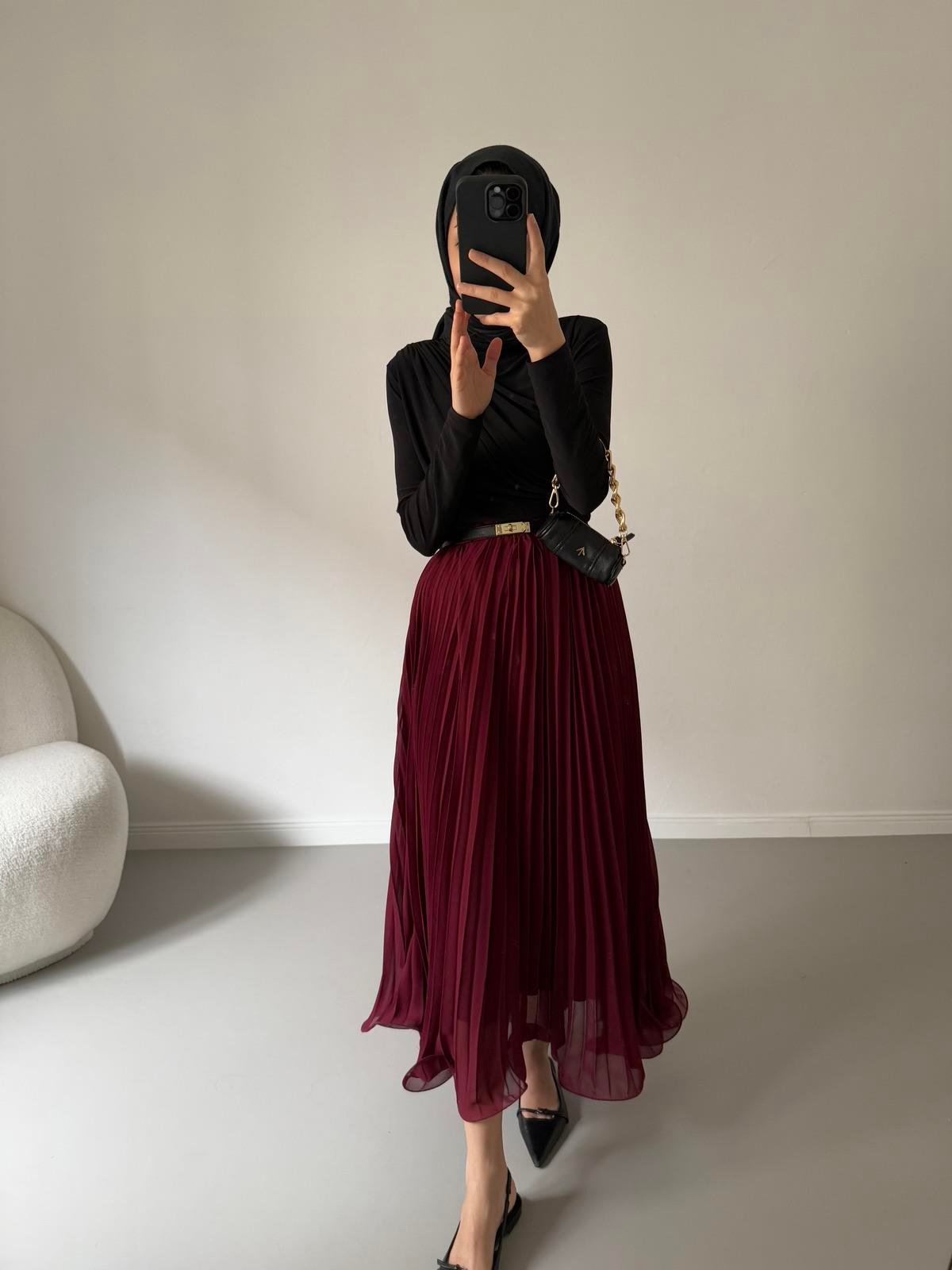 Piliseli Şifon Etek - Bordo
