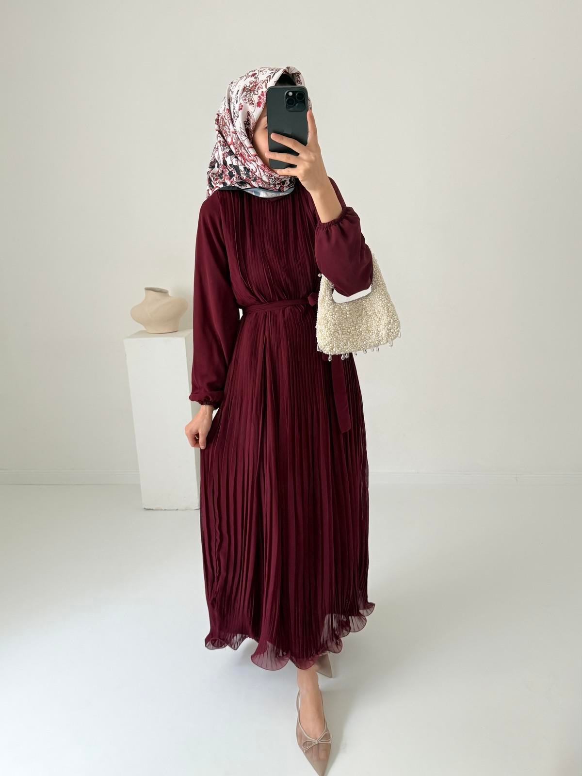 Premium Şifon Piliseli Elbise - Bordo