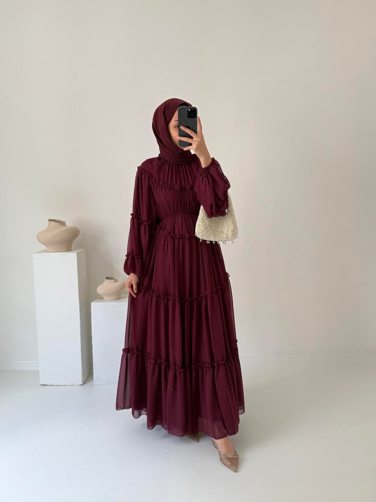 Prenses Şifon Elbise - Bordo