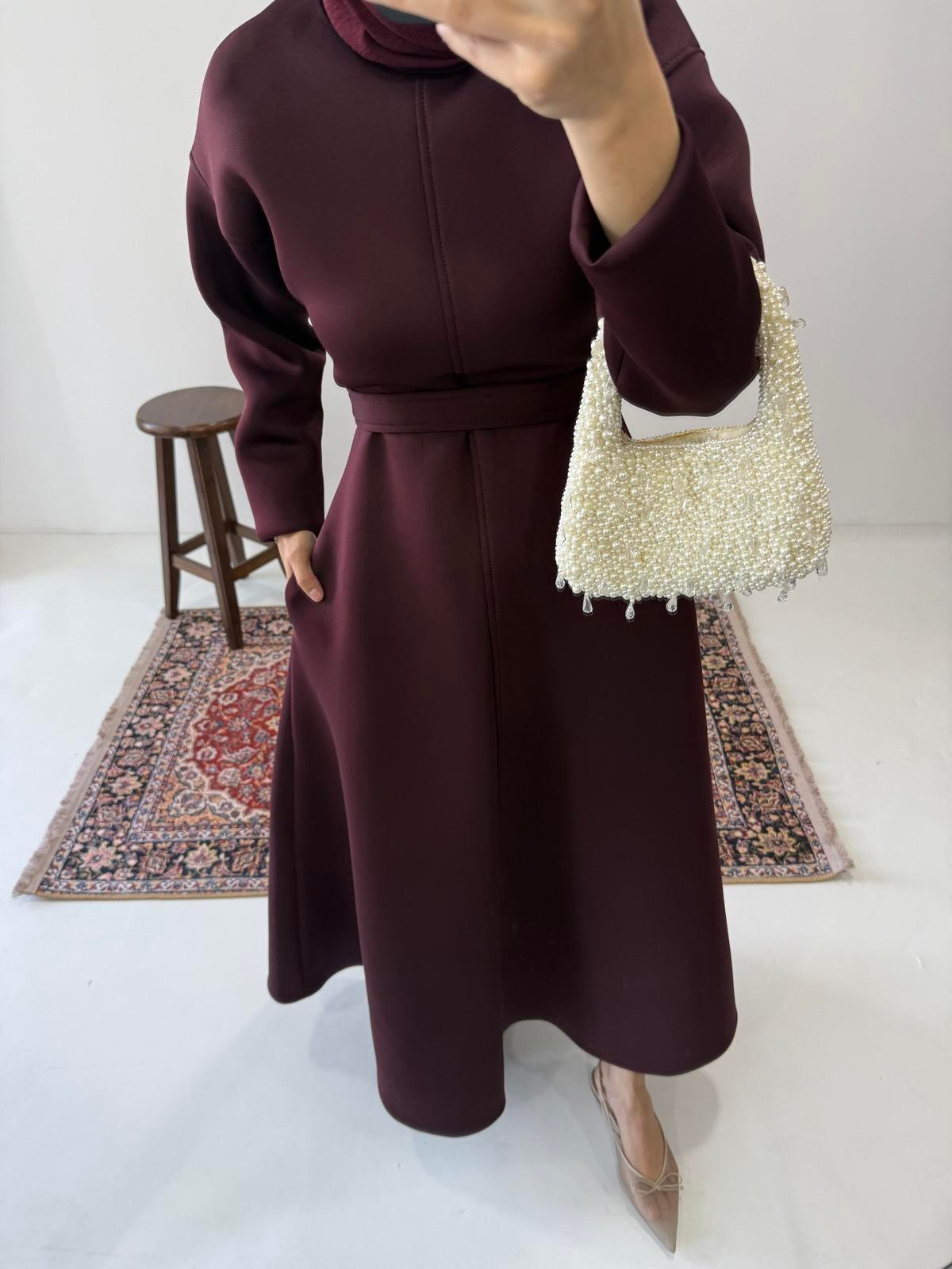 Puff Scuba Elbise - Bordo