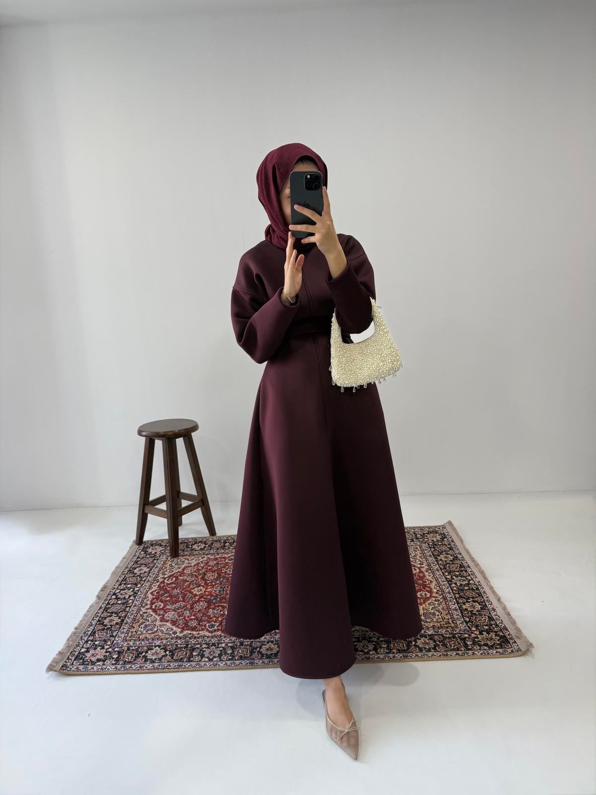 Puff Scuba Elbise - Bordo