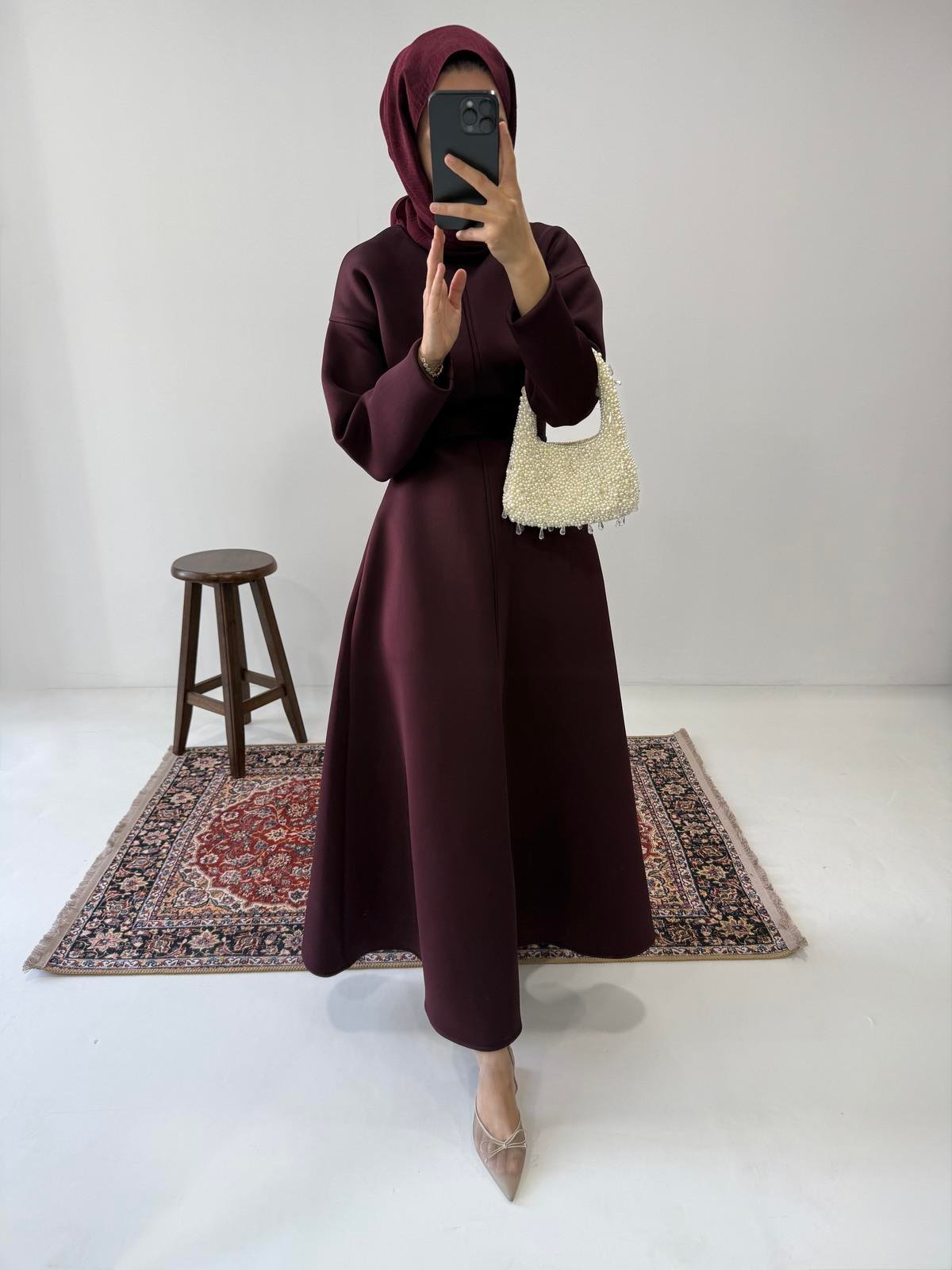 Puff Scuba Elbise - Bordo