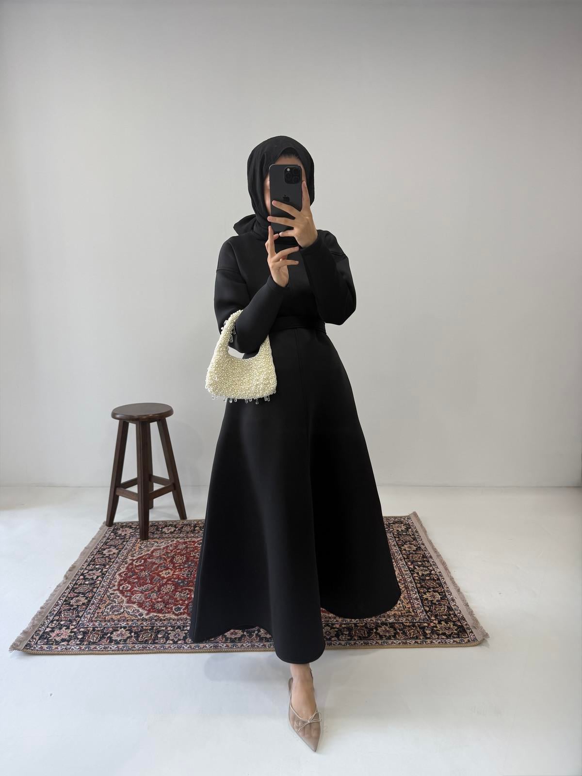 Puff Scuba Elbise - Siyah