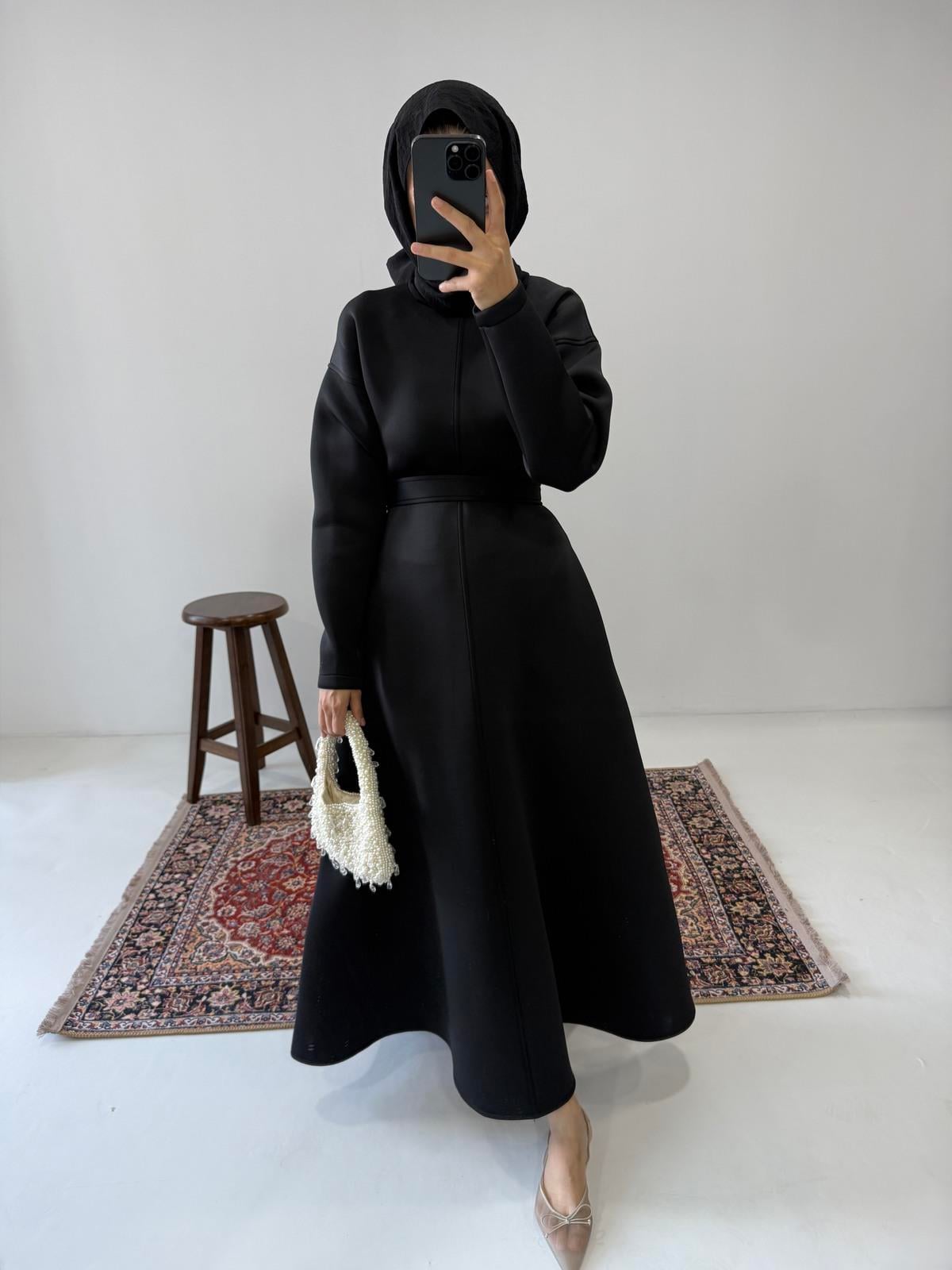 Puff Scuba Elbise - Siyah