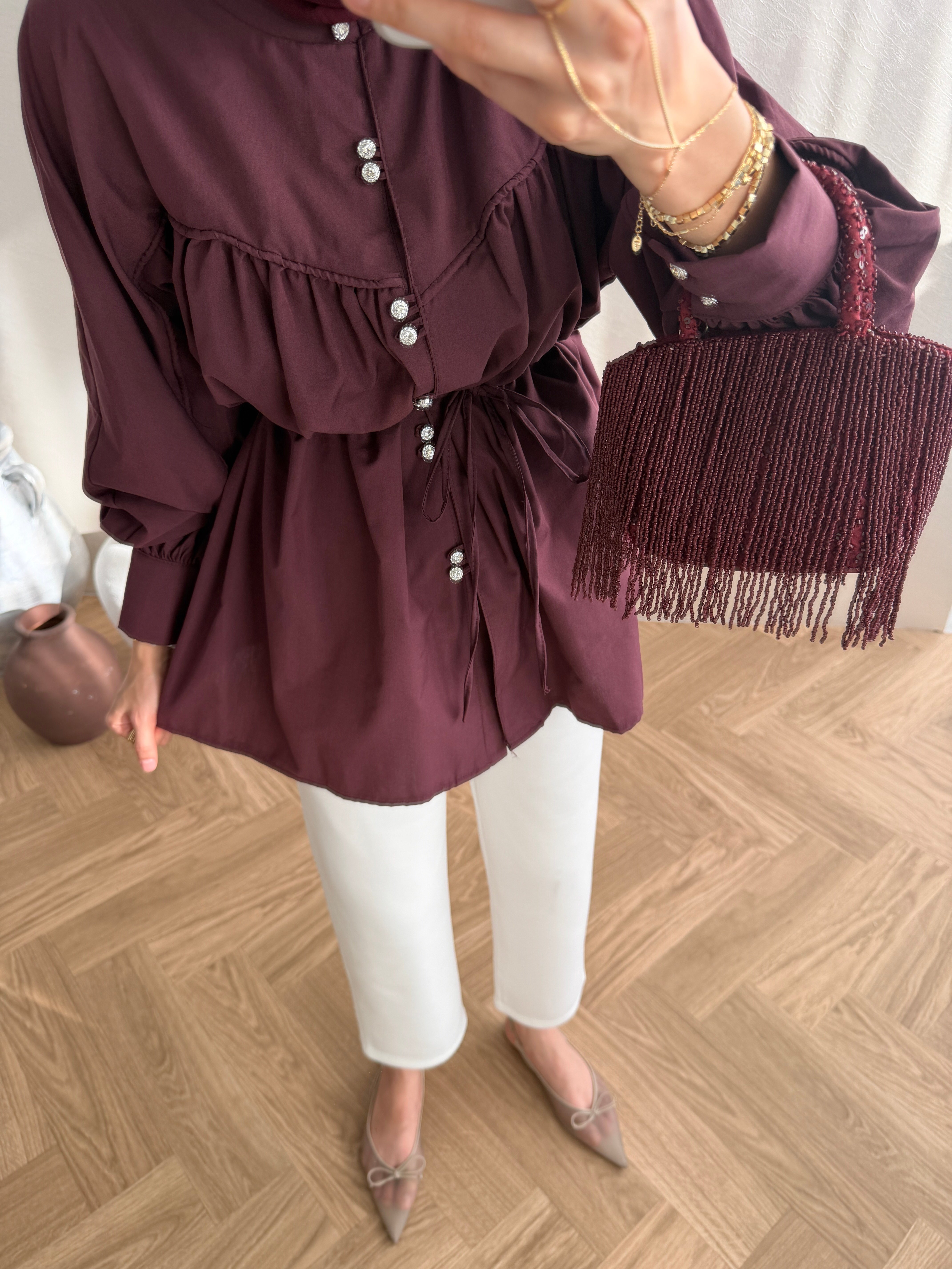 Taş Düğmeli Gömlek - Bordo