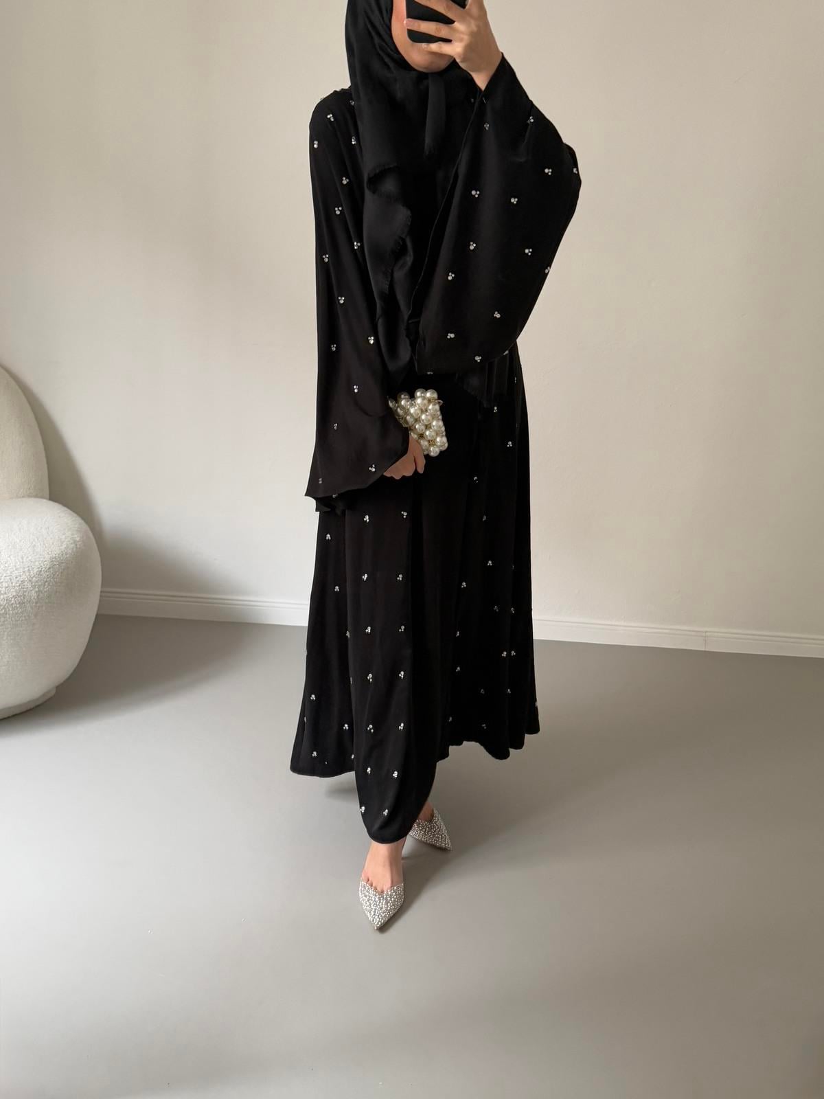 Tasarım Taş İşlemeli Abaya - Siyah