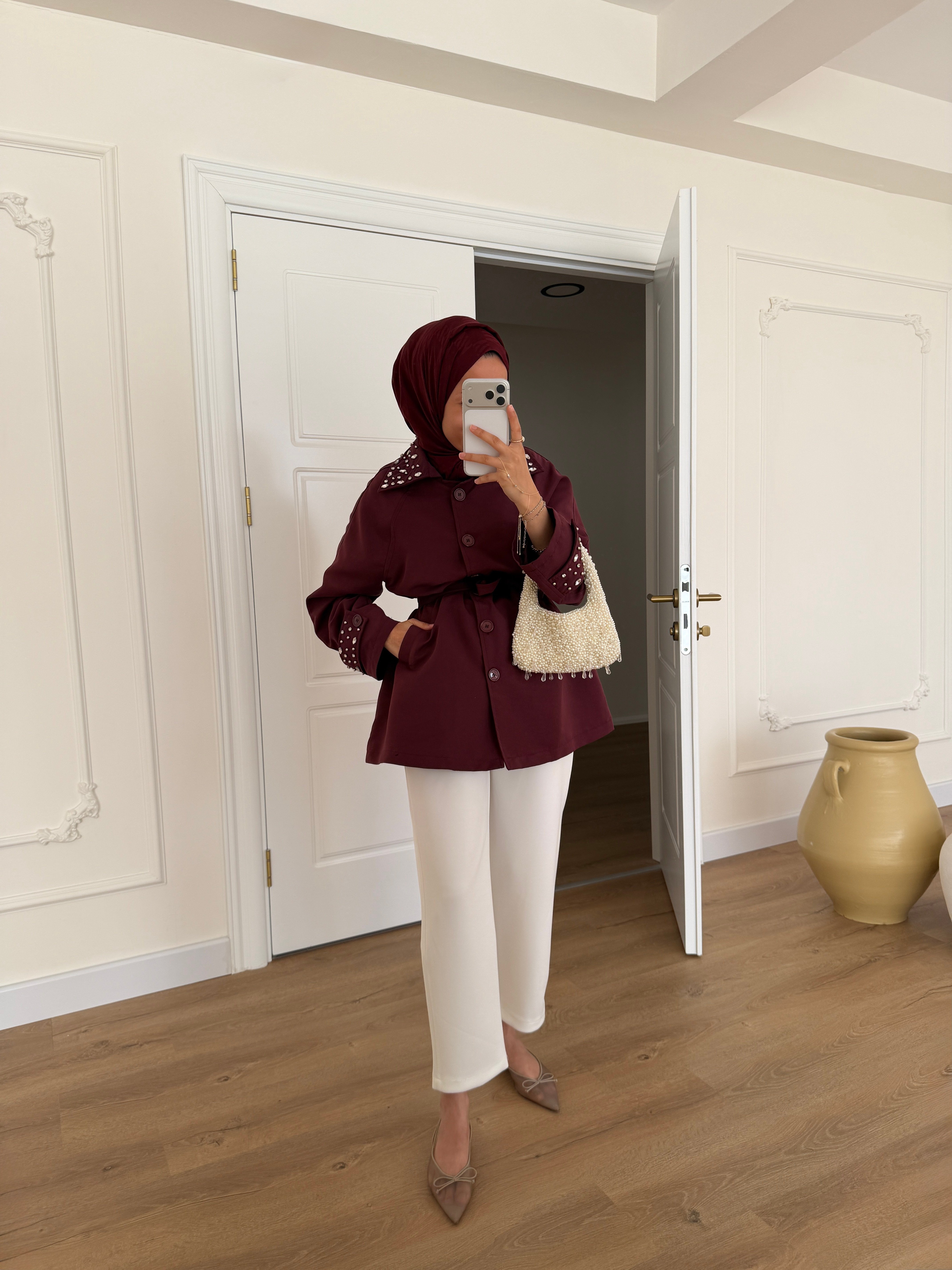 Taşlı Premium Trençkot - Bordo