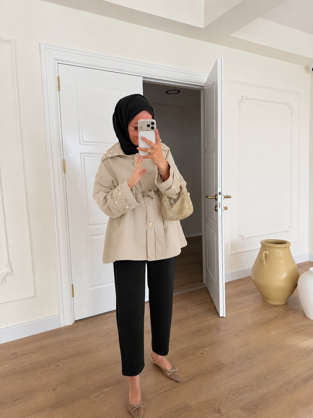 Taşlı Premium Trençkot - Camel