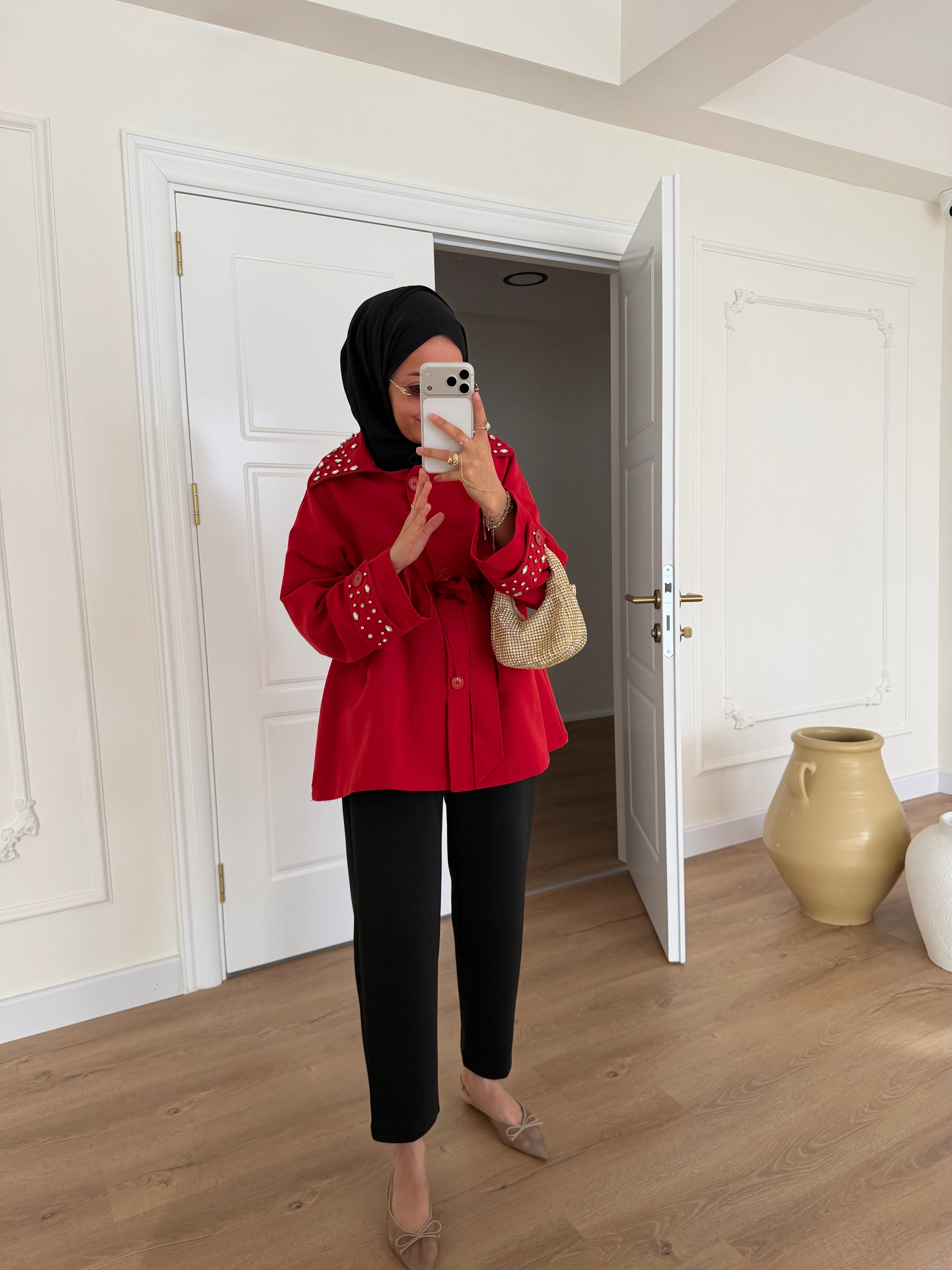 Taşlı Premium Trençkot - Kırmızı